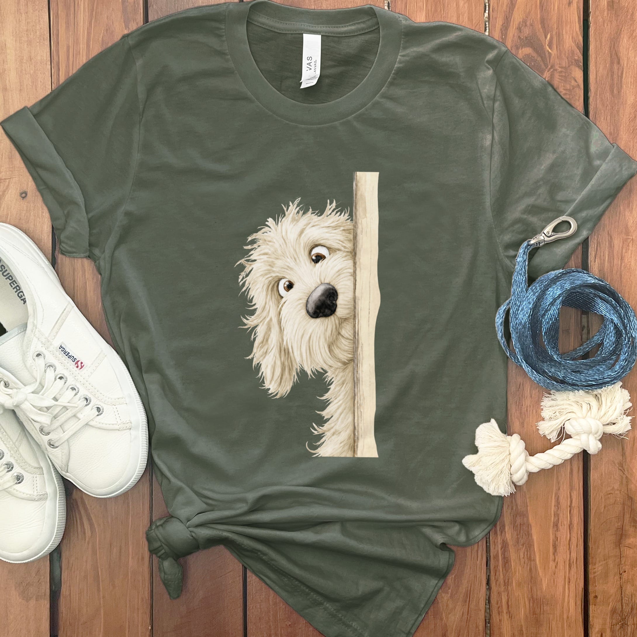 Peekaboo Cream Goldendoodle T-Shirt in Military Green / S by Puppy Jo