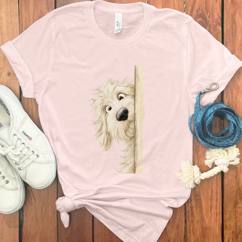 Peekaboo Cream Goldendoodle T-Shirt in Soft Pink / S by Puppy Jo
