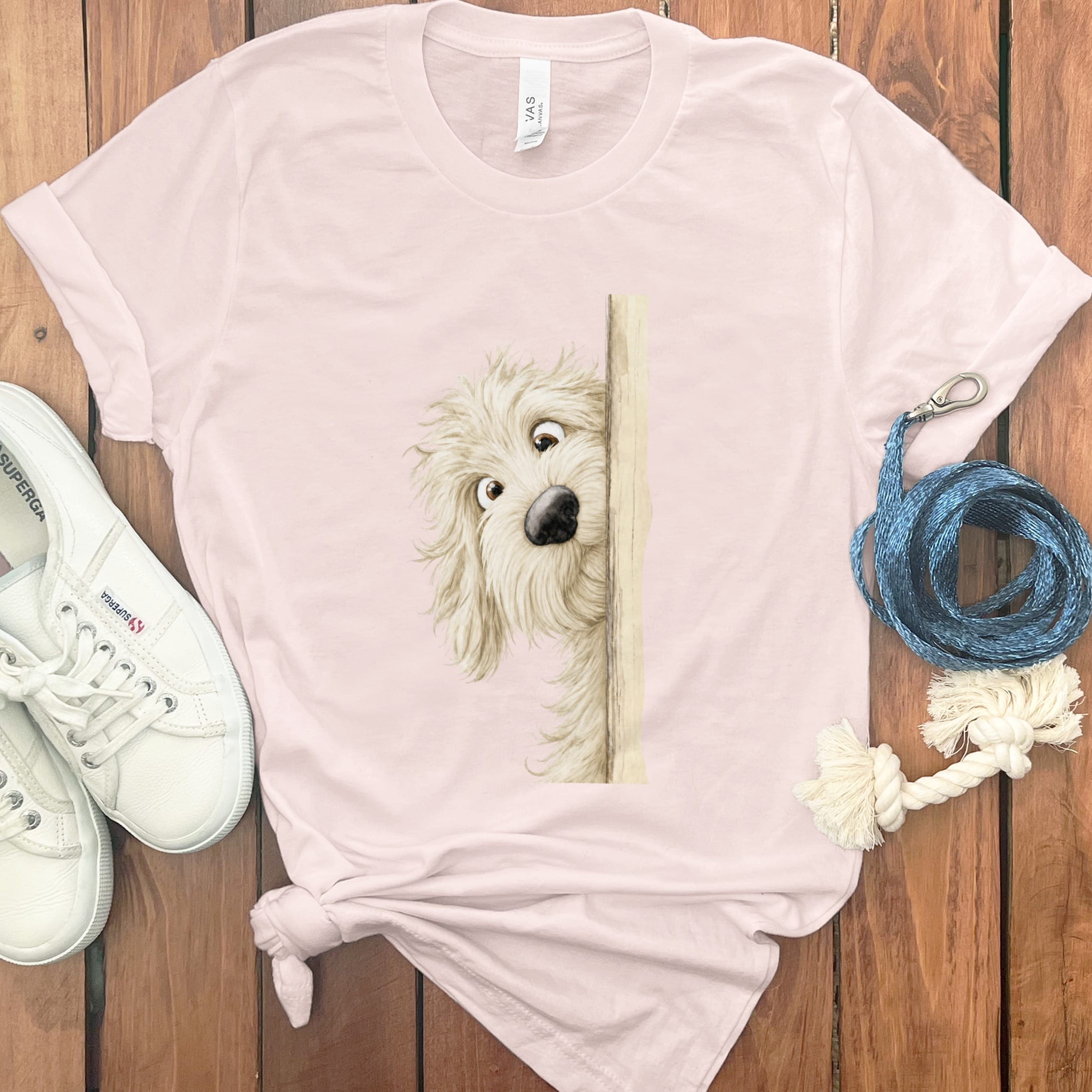 Peekaboo Cream Goldendoodle T-Shirt in Soft Pink / S by Puppy Jo