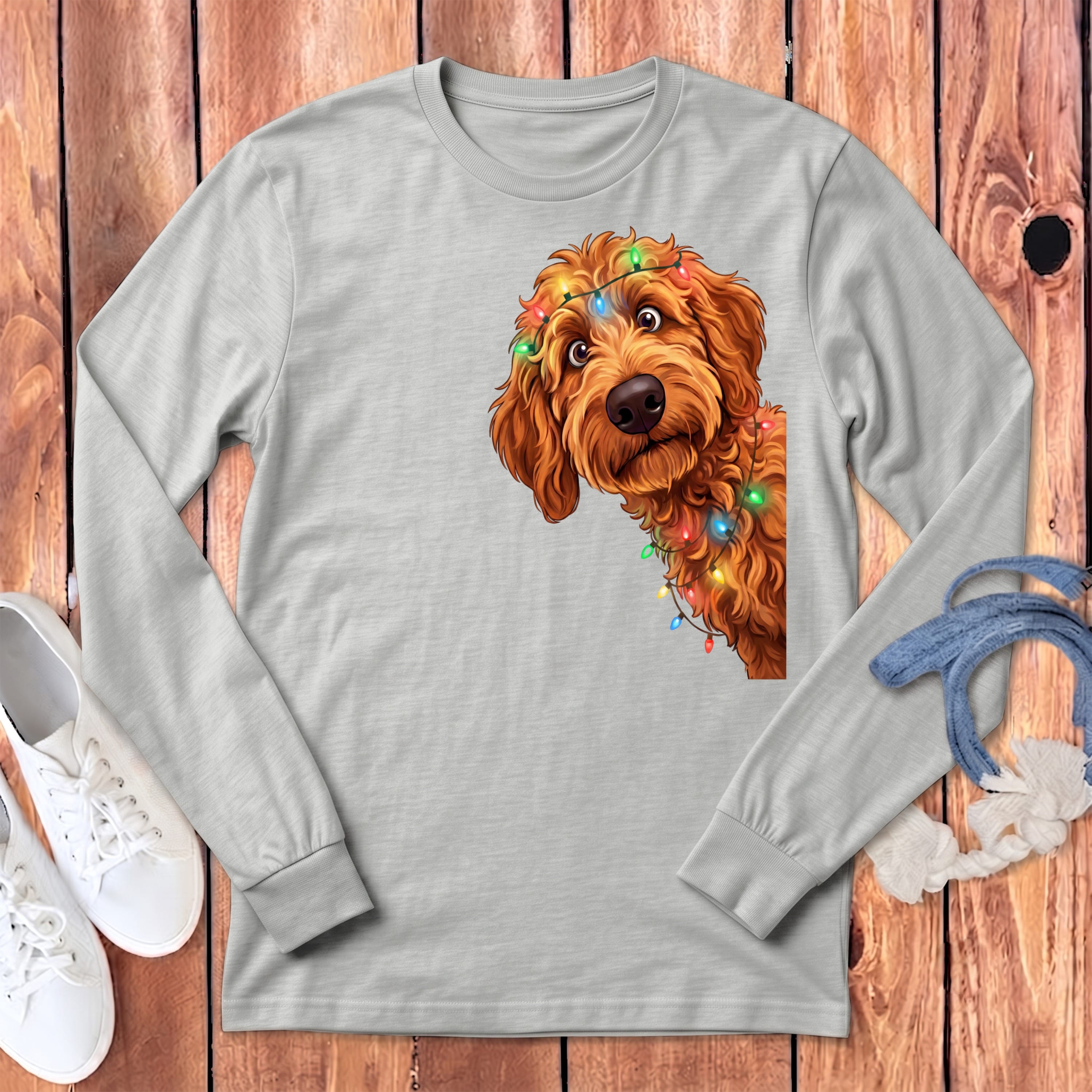 Peeking Apricot Goldendoodle Holiday Long Sleeve T-Shirt in Athletic Heather / S by Puppy Jo