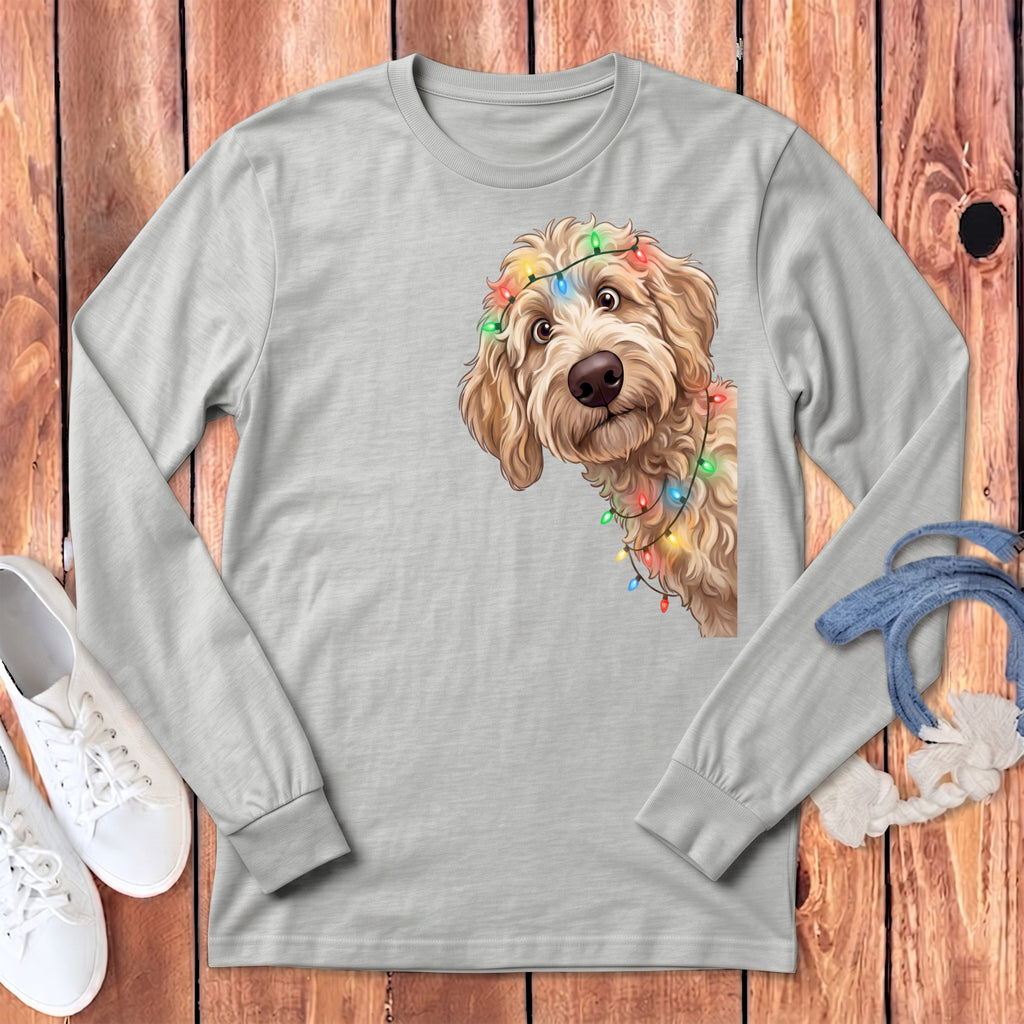 Peeking Apricot Goldendoodle Holiday Long Sleeve T-Shirt in Athletic Heather / S by Puppy Jo