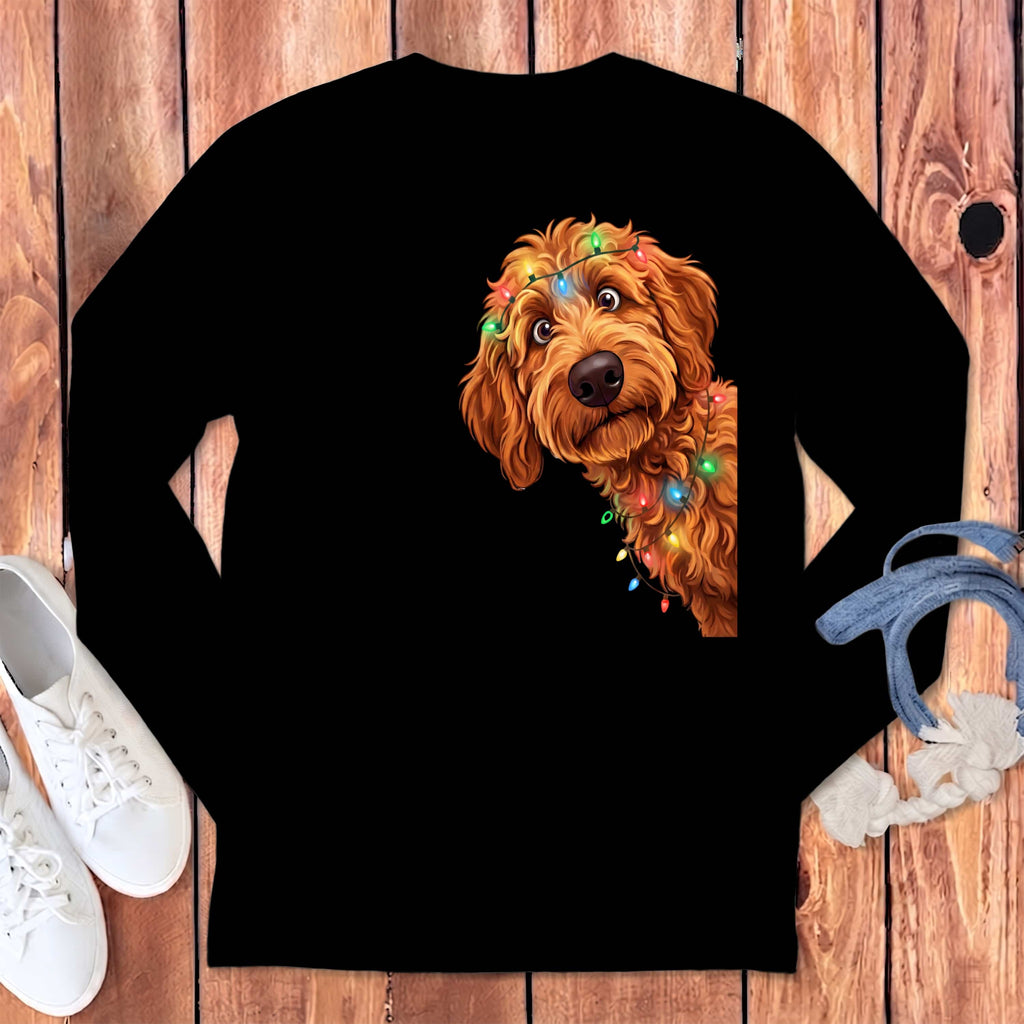 Peeking Apricot Goldendoodle Holiday Long Sleeve T-Shirt in Black / S by Puppy Jo