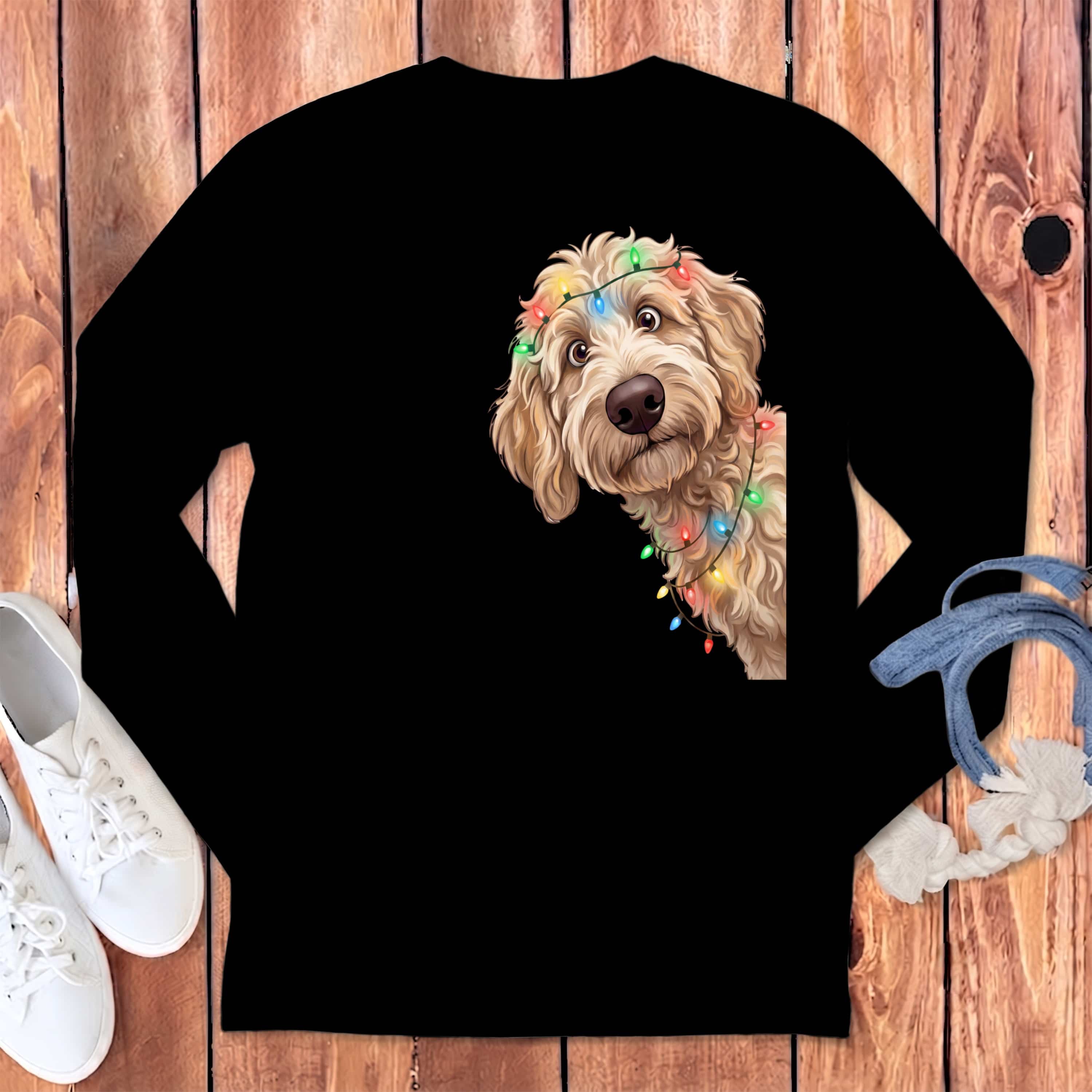 Peeking Apricot Goldendoodle Holiday Long Sleeve T-Shirt in Black / S by Puppy Jo