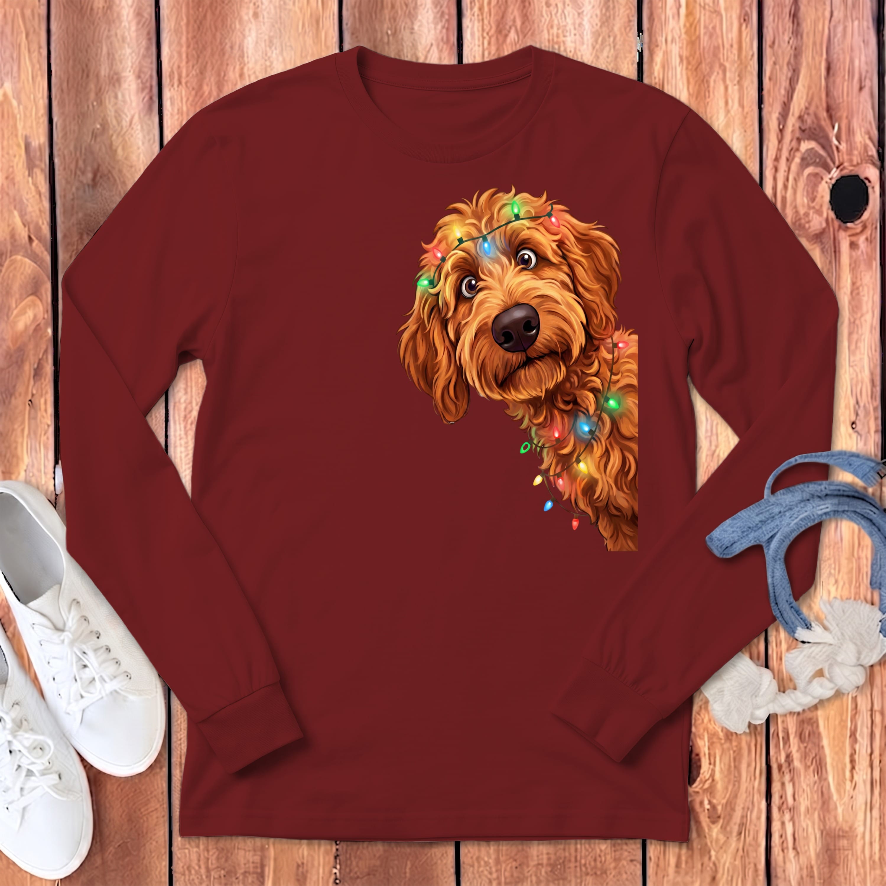 Peeking Apricot Goldendoodle Holiday Long Sleeve T-Shirt in Cardinal / S by Puppy Jo
