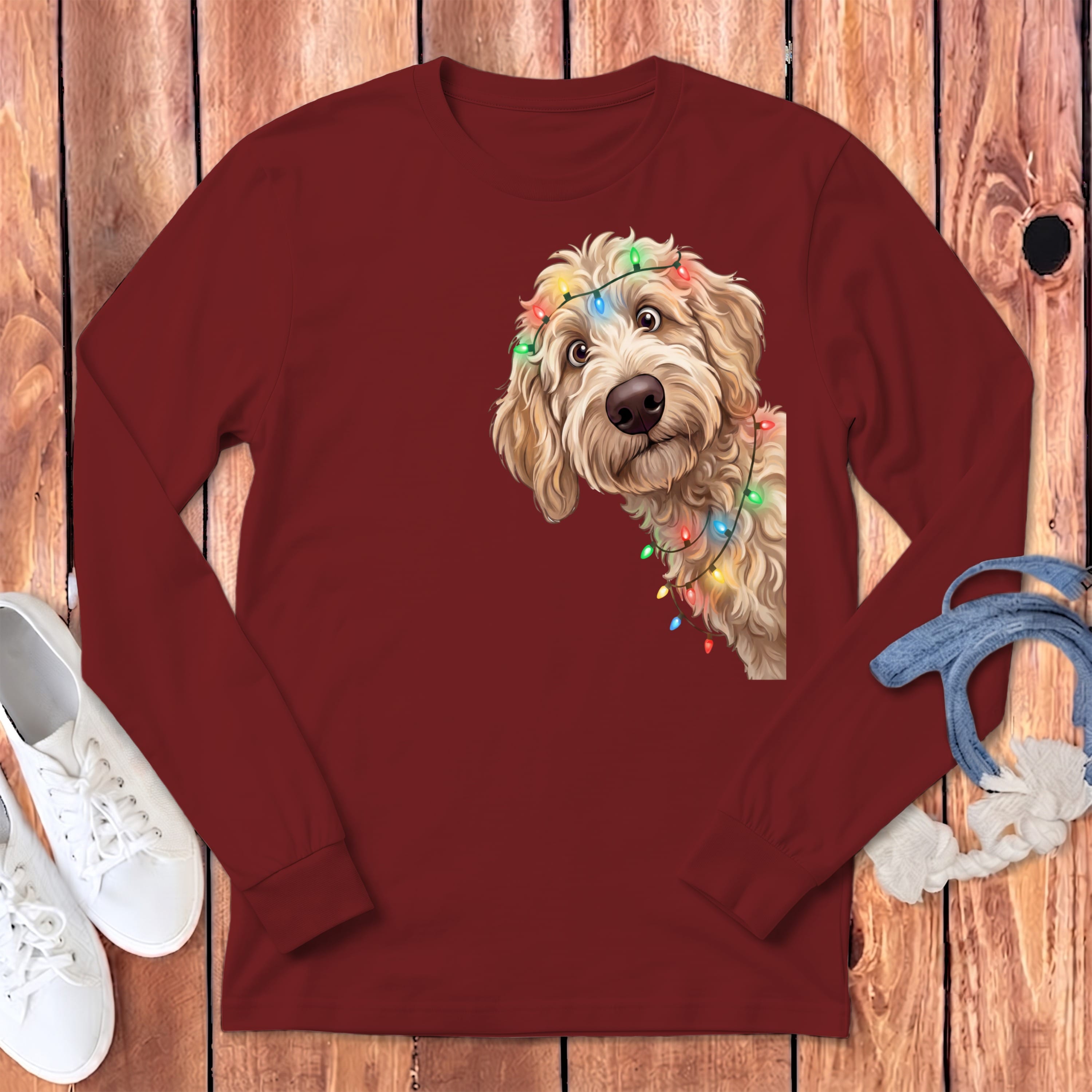 Peeking Apricot Goldendoodle Holiday Long Sleeve T-Shirt in Cardinal / S by Puppy Jo