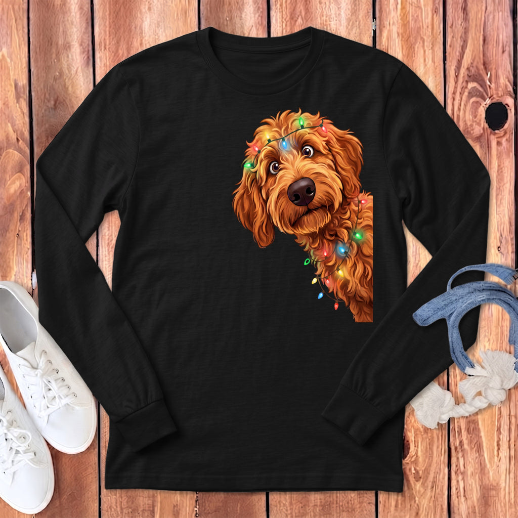 Peeking Apricot Goldendoodle Holiday Long Sleeve T-Shirt in Dark Grey Heather / S by Puppy Jo