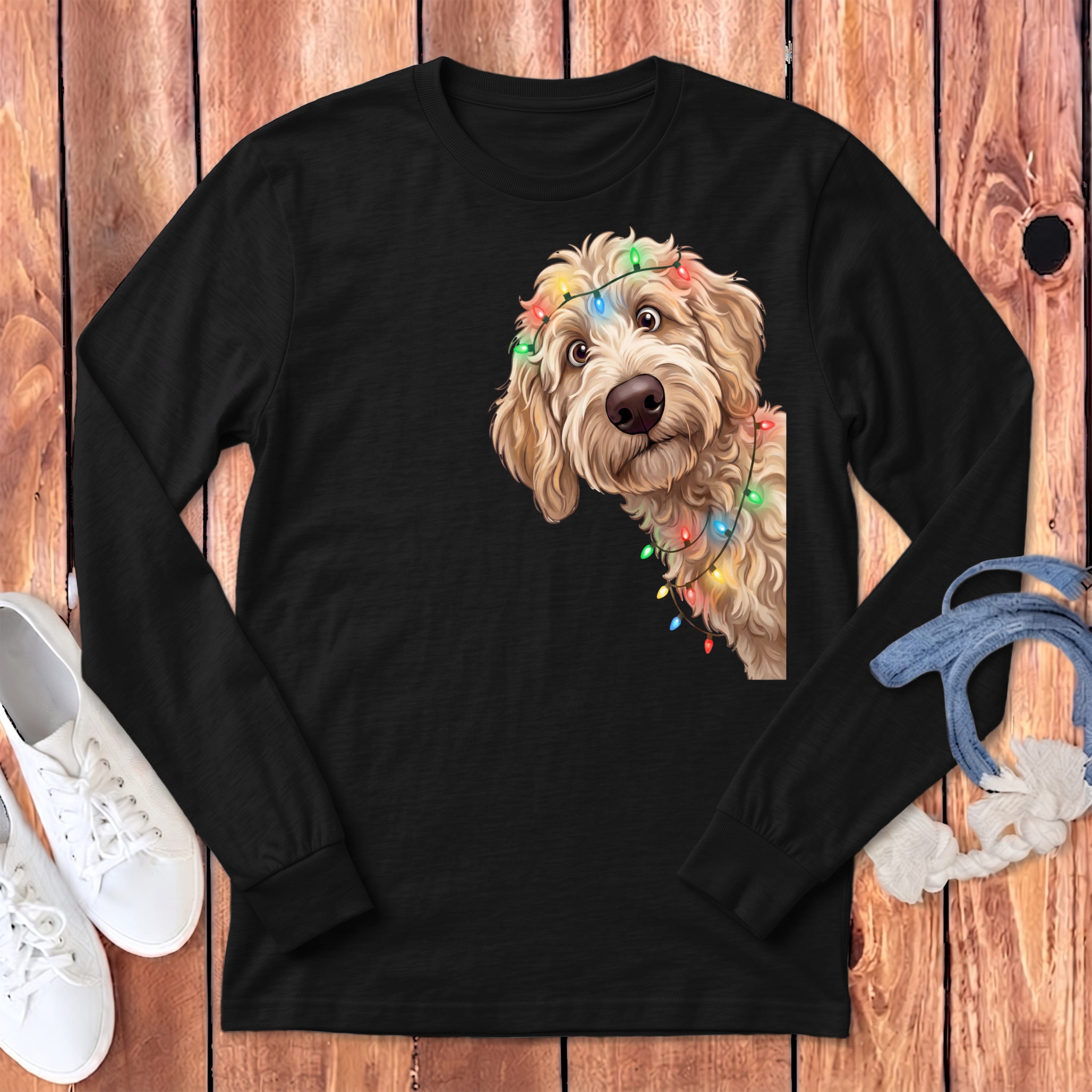 Peeking Apricot Goldendoodle Holiday Long Sleeve T-Shirt in Dark Grey Heather / S by Puppy Jo