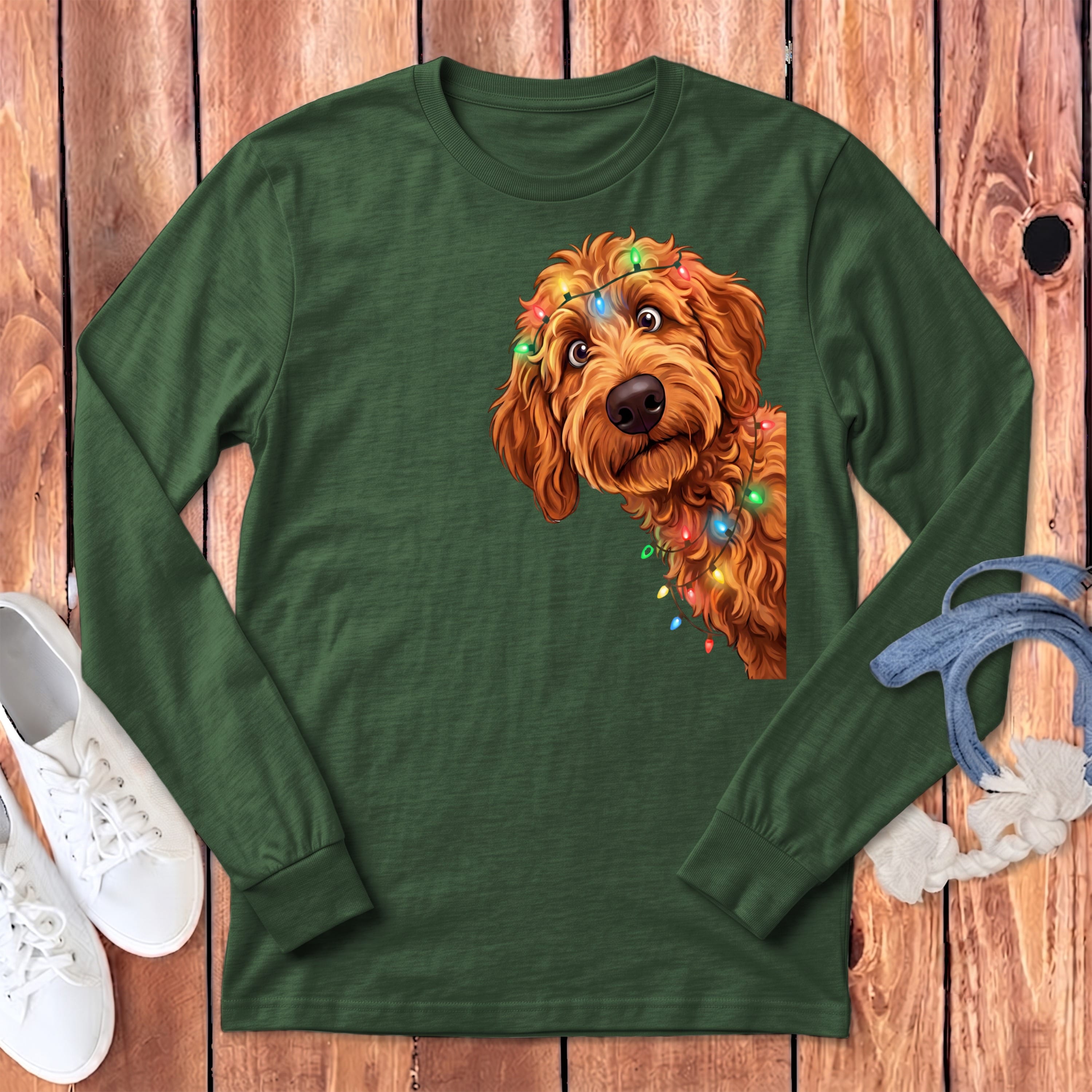 Peeking Apricot Goldendoodle Holiday Long Sleeve T-Shirt in Heather Forest / S by Puppy Jo