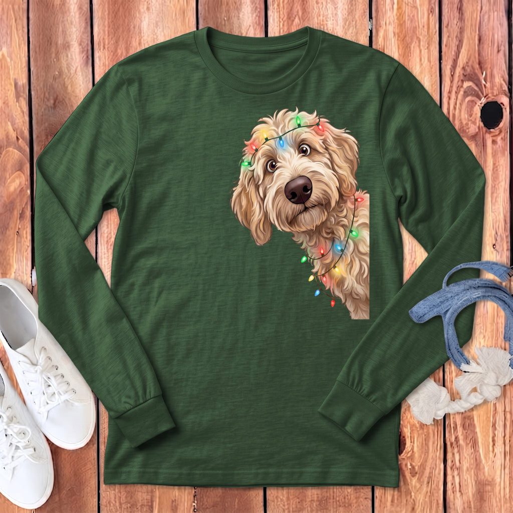 Peeking Apricot Goldendoodle Holiday Long Sleeve T-Shirt in Heather Forest / S by Puppy Jo
