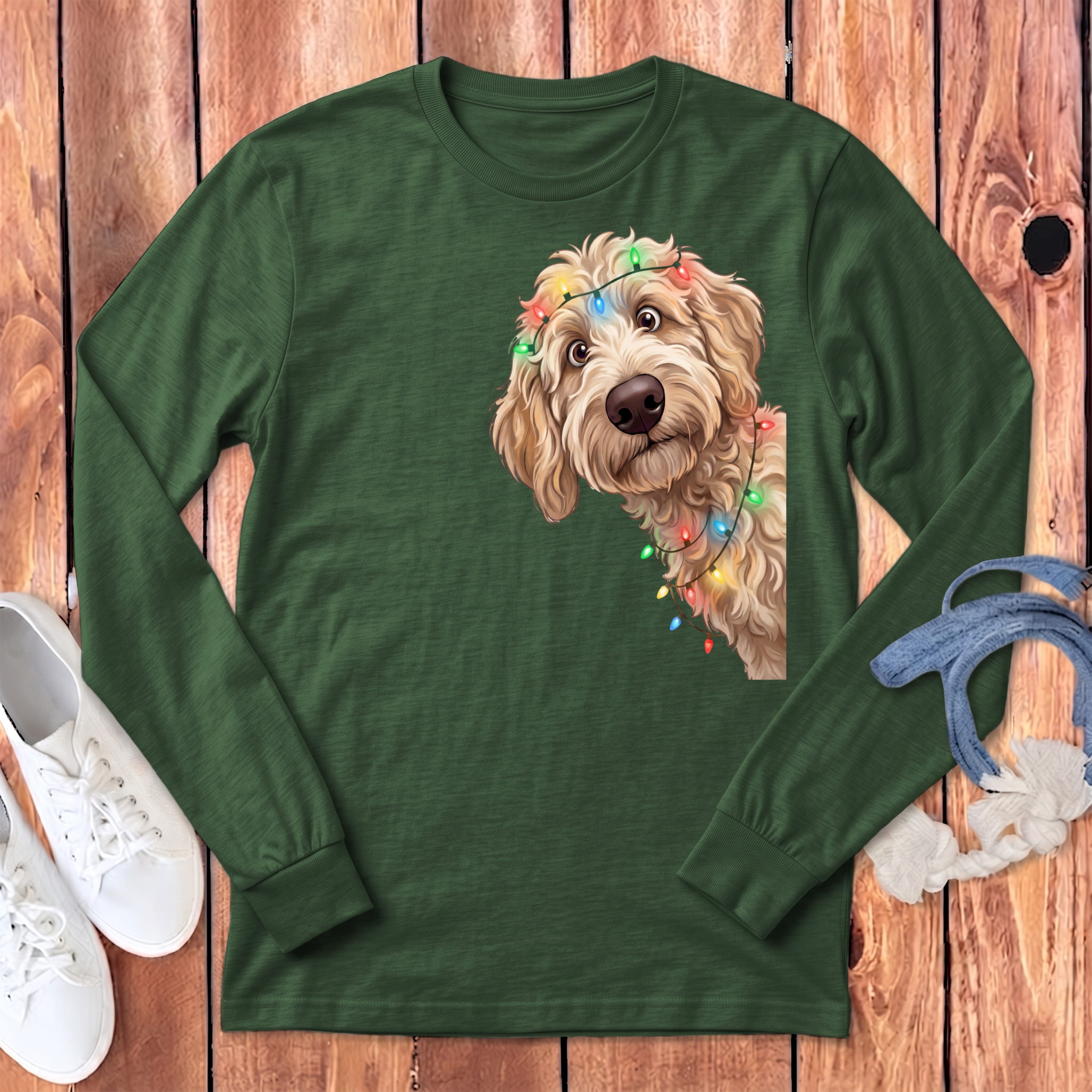 Peeking Apricot Goldendoodle Holiday Long Sleeve T-Shirt in Heather Forest / S by Puppy Jo