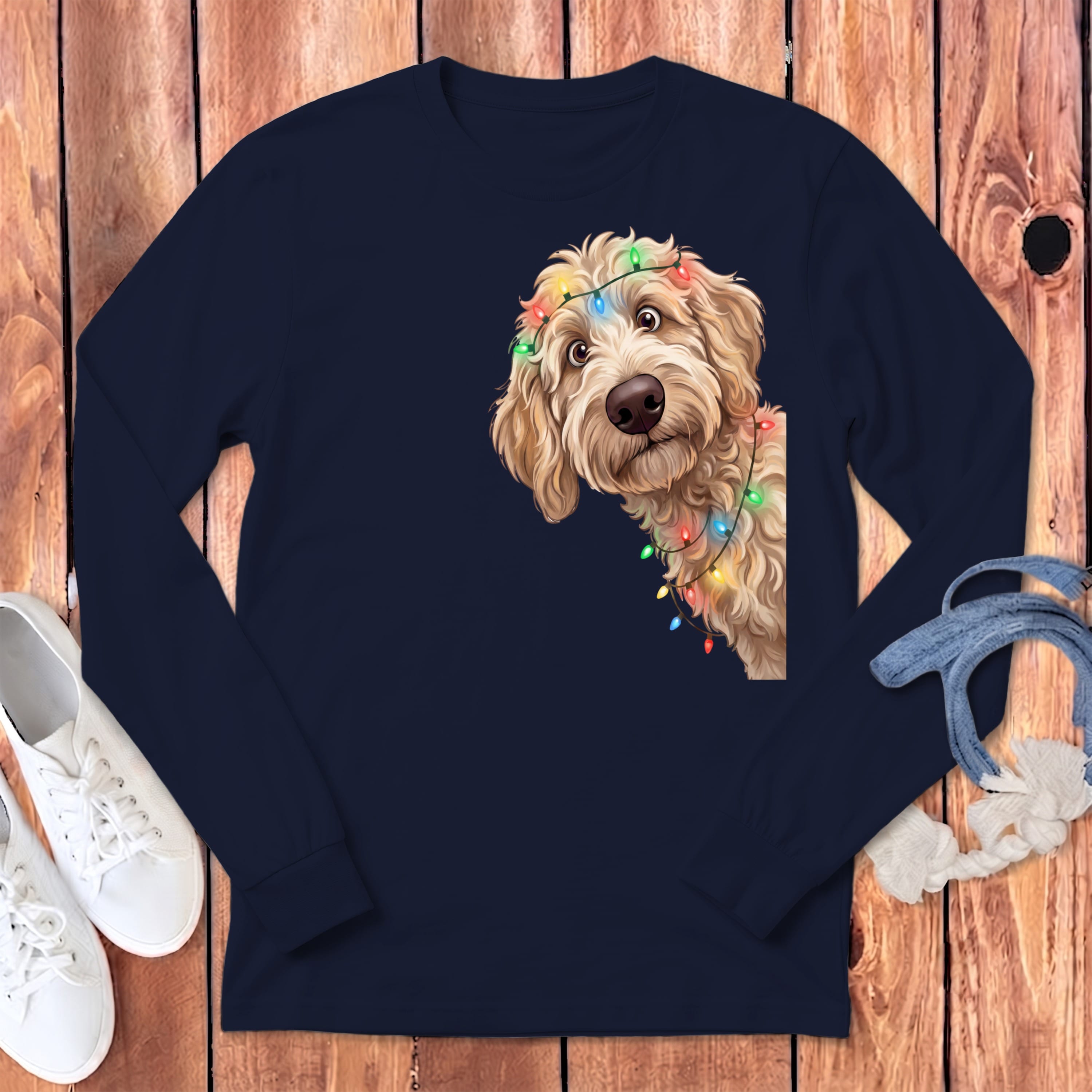 Peeking Apricot Goldendoodle Holiday Long Sleeve T-Shirt in Navy / S by Puppy Jo