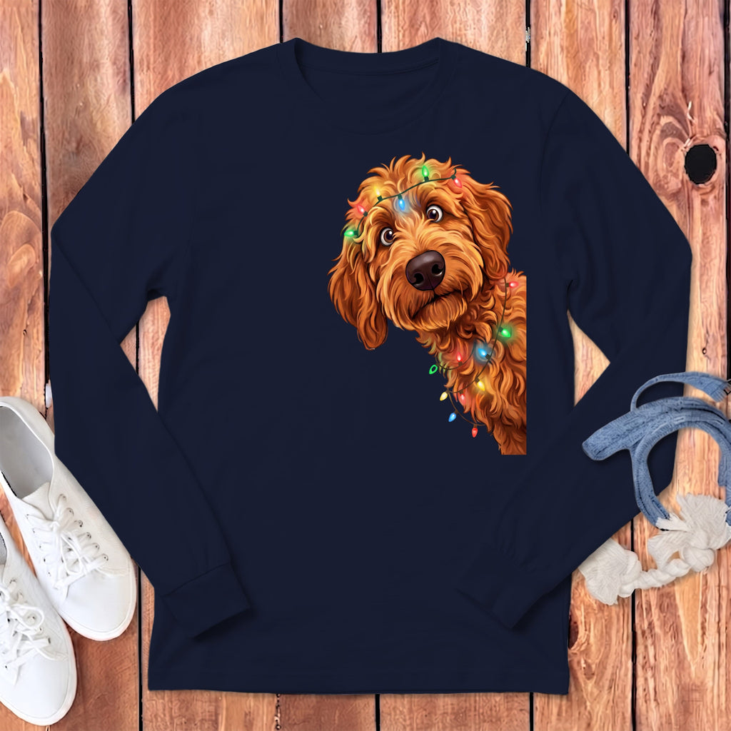 Peeking Apricot Goldendoodle Holiday Long Sleeve T-Shirt in Navy / S by Puppy Jo