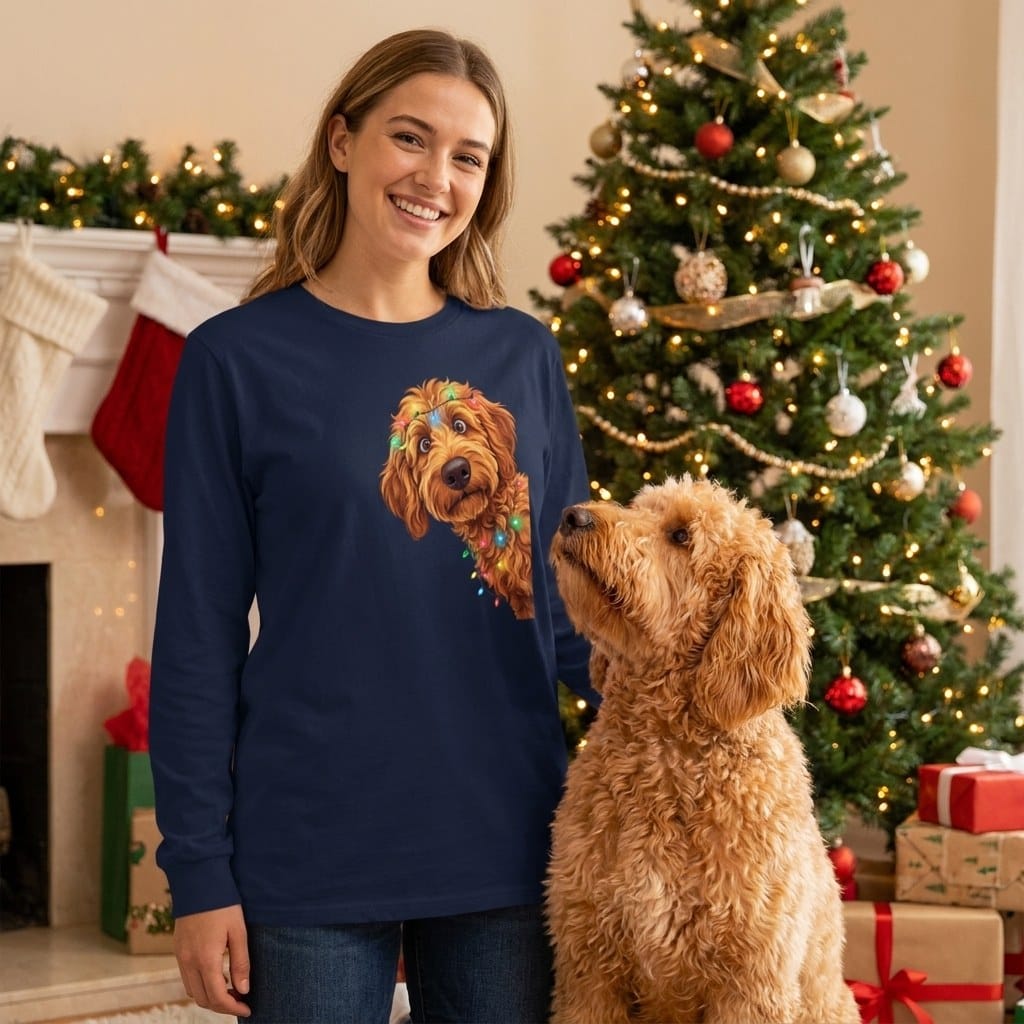 Peeking Apricot Goldendoodle Holiday Long Sleeve T-Shirt in by Puppy Jo