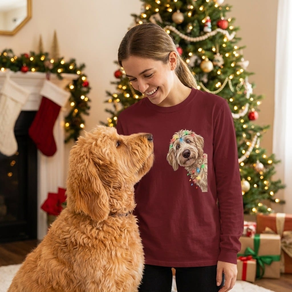 Peeking Apricot Goldendoodle Holiday Long Sleeve T-Shirt in by Puppy Jo