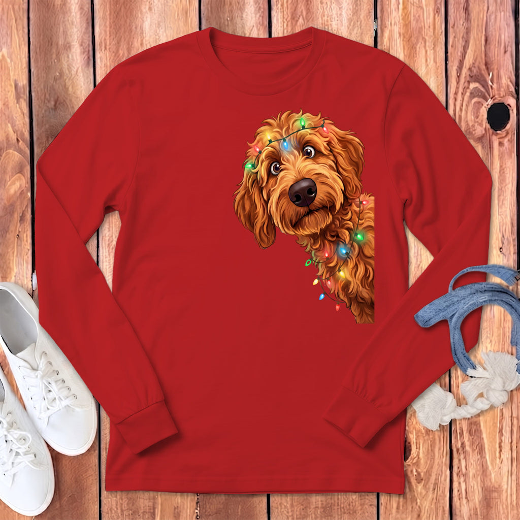 Peeking Apricot Goldendoodle Holiday Long Sleeve T-Shirt in Red / S by Puppy Jo