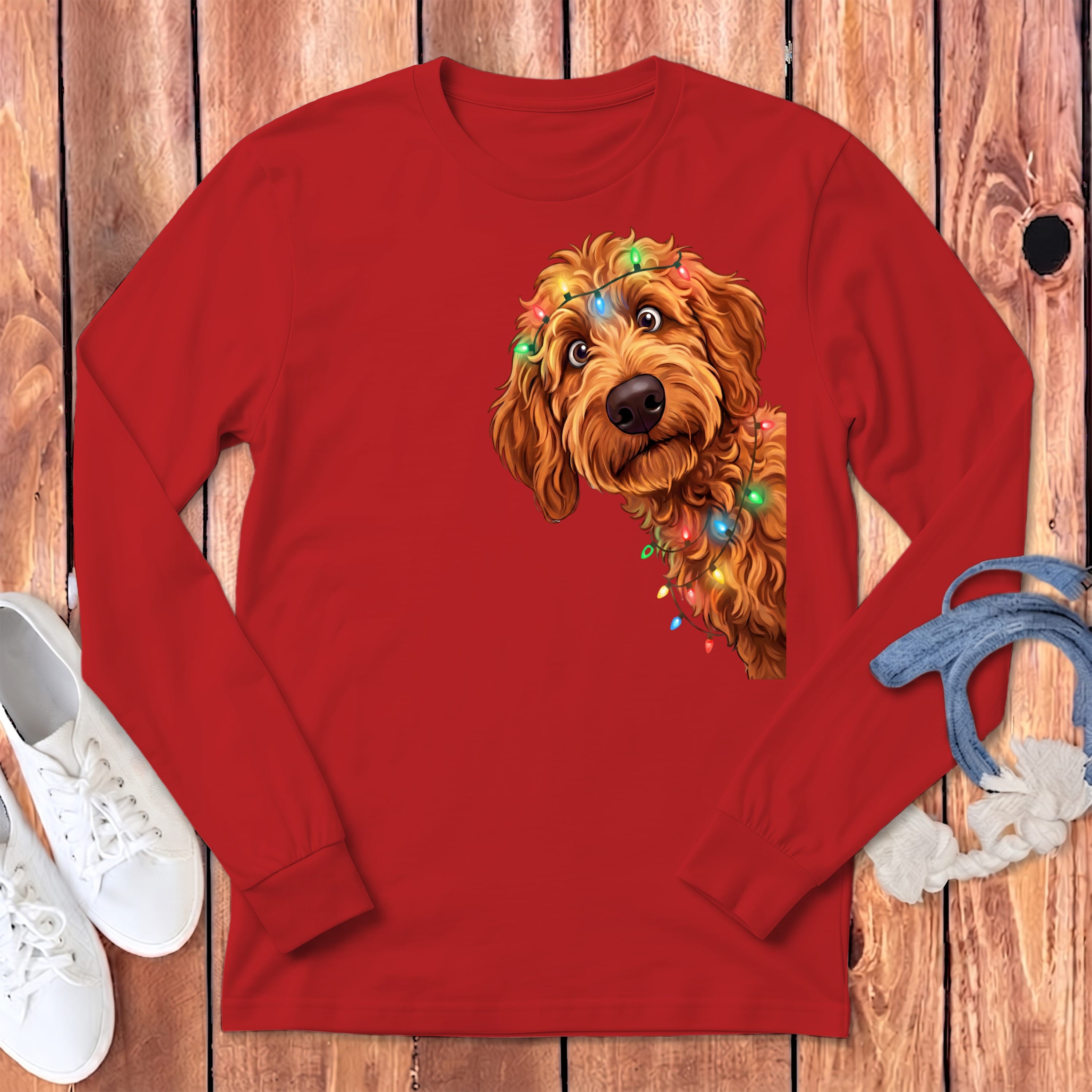 Peeking Apricot Goldendoodle Holiday Long Sleeve T-Shirt in Red / S by Puppy Jo