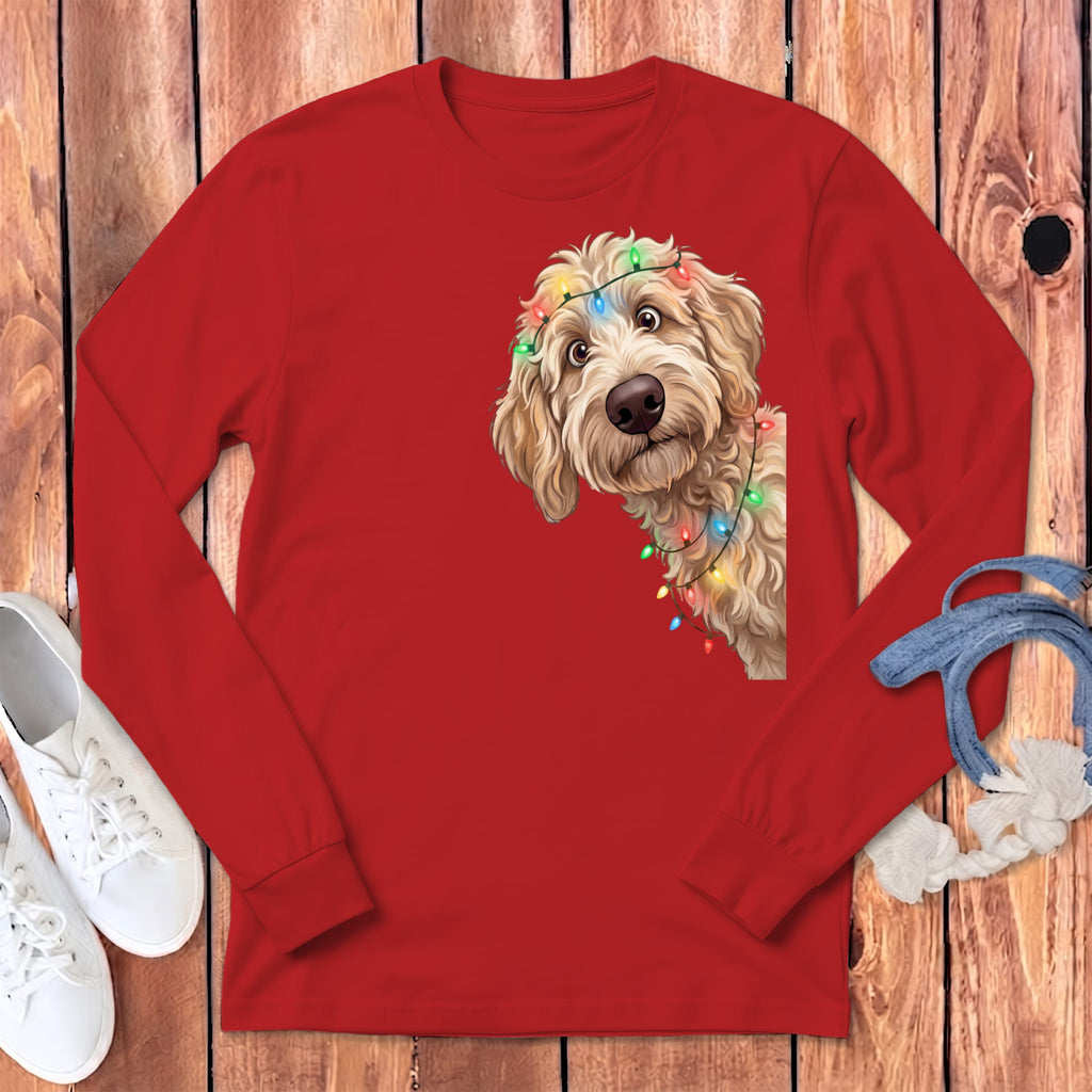 Peeking Apricot Goldendoodle Holiday Long Sleeve T-Shirt in Red / S by Puppy Jo