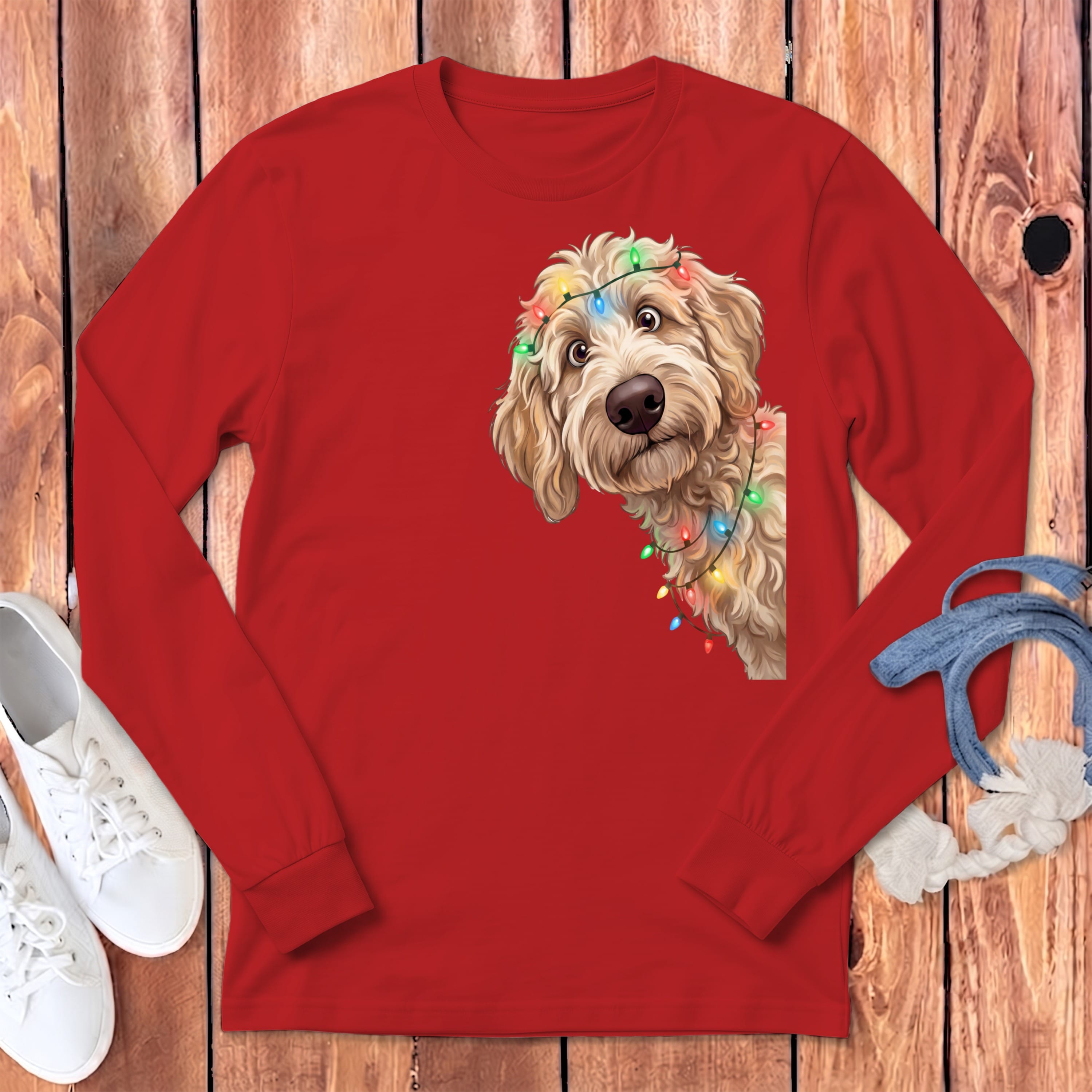 Peeking Apricot Goldendoodle Holiday Long Sleeve T-Shirt in Red / S by Puppy Jo