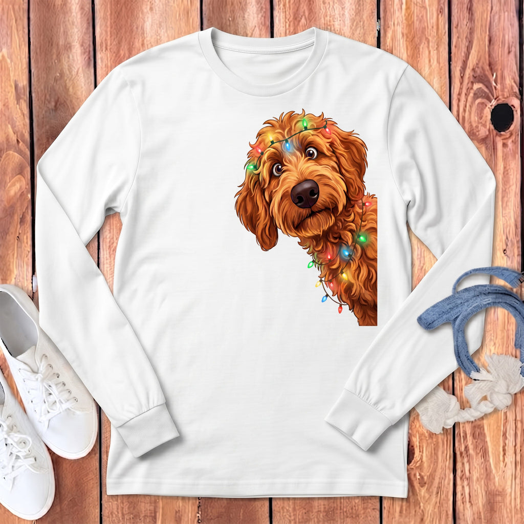 Peeking Apricot Goldendoodle Holiday Long Sleeve T-Shirt in White / S by Puppy Jo