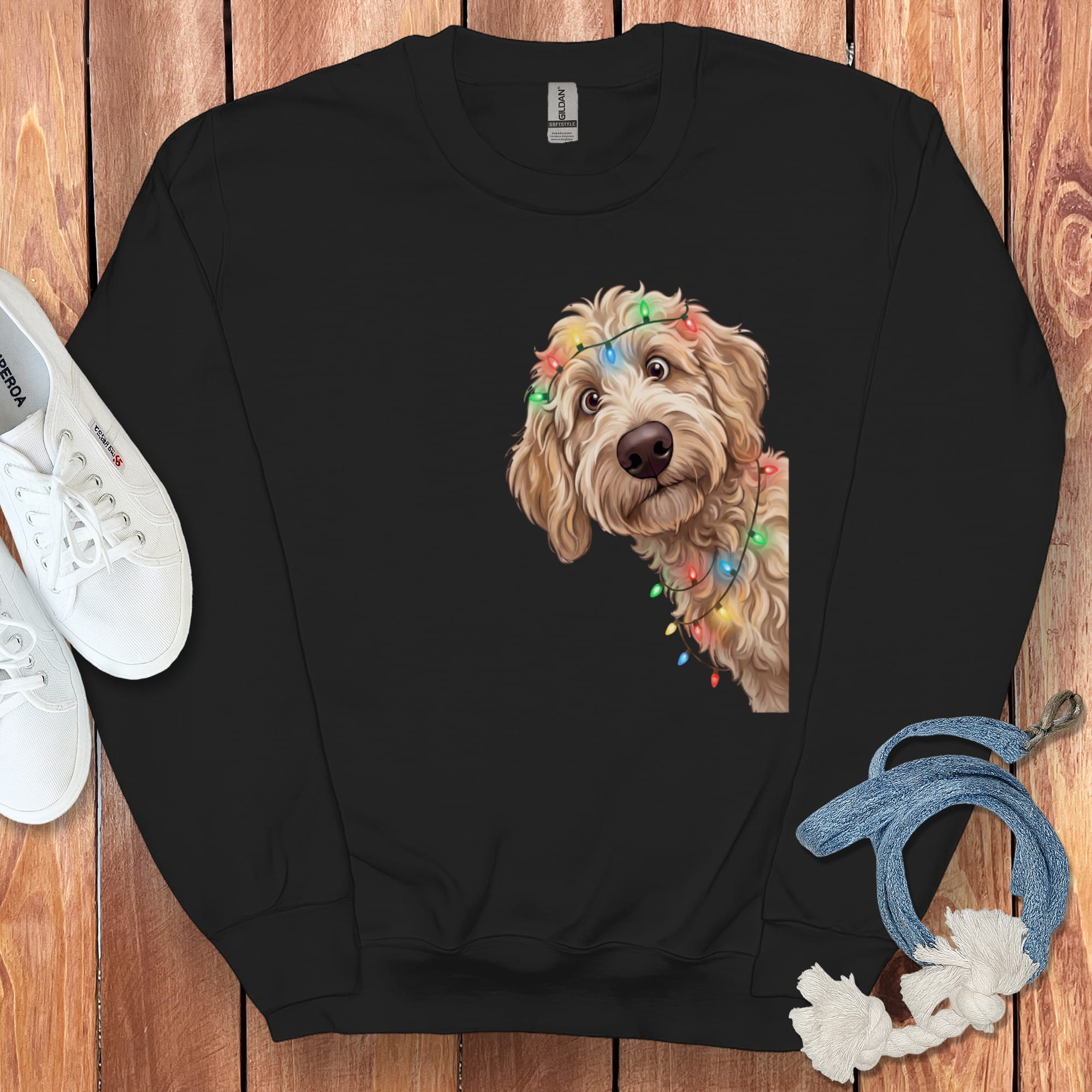 Peeking Apricot Goldendoodle Holiday Sweatshirt in Black / M by Puppy Jo