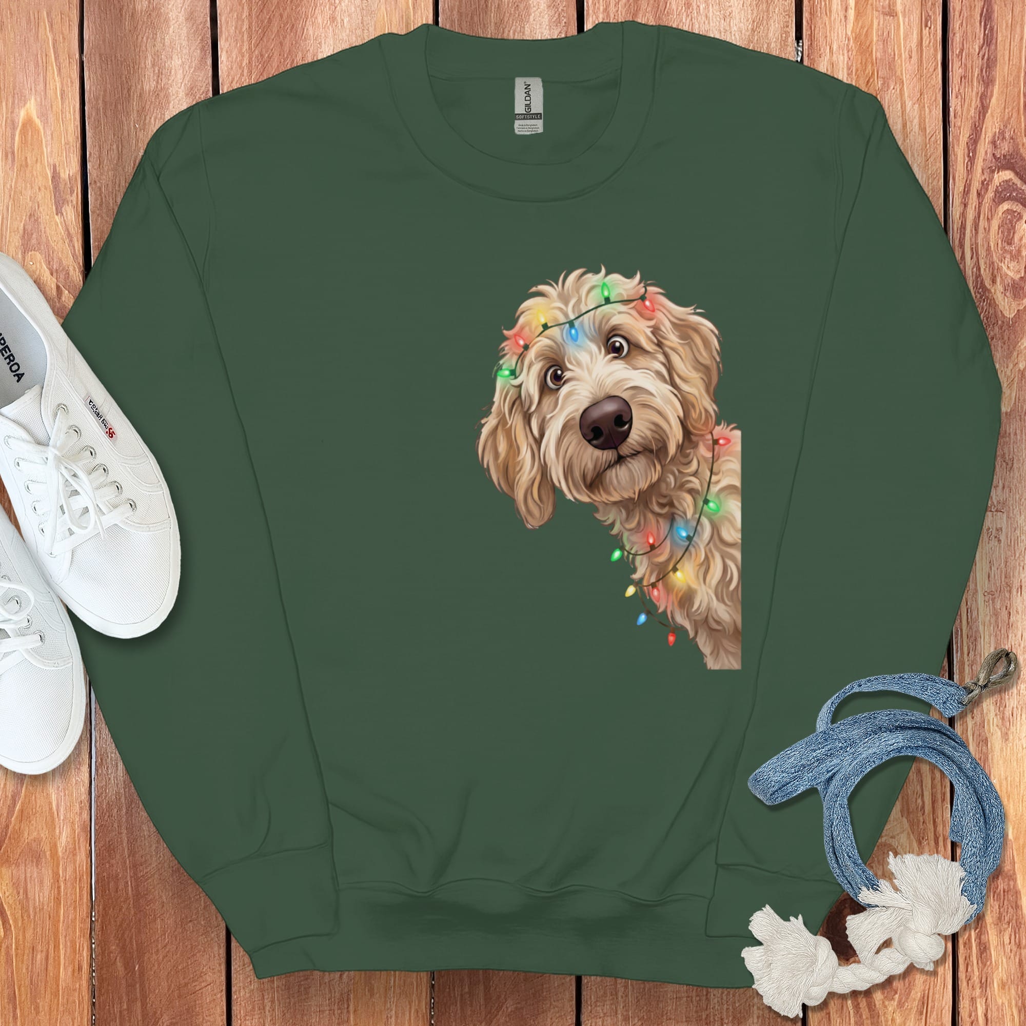 Peeking Apricot Goldendoodle Holiday Sweatshirt in Forest Green / M by Puppy Jo