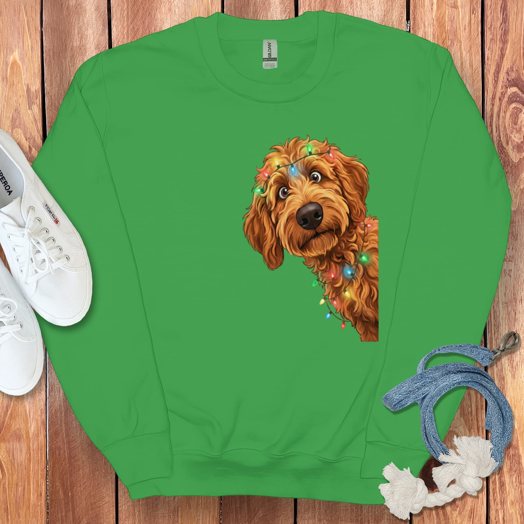 Peeking Apricot Goldendoodle Holiday Sweatshirt in Irish Green / M by Puppy Jo