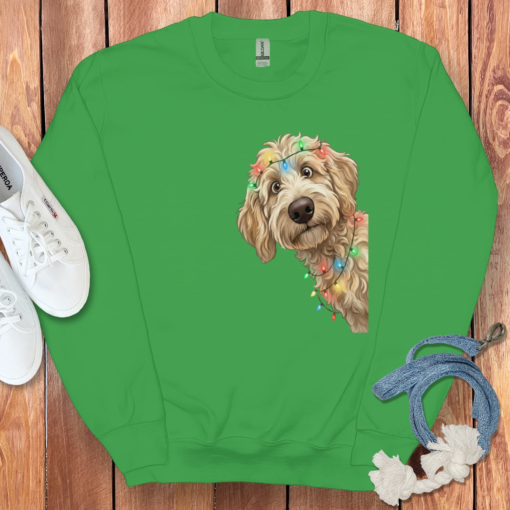 Peeking Apricot Goldendoodle Holiday Sweatshirt in Irish Green / M by Puppy Jo