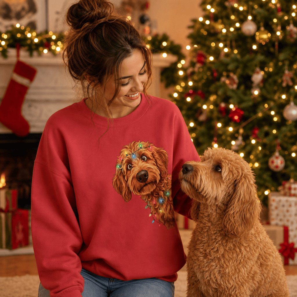 Peeking Apricot Goldendoodle Holiday Sweatshirt in by Puppy Jo