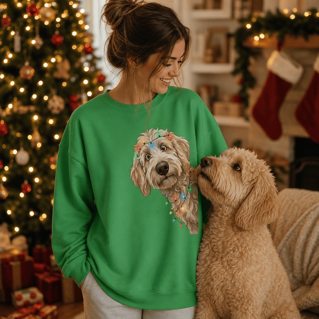 Peeking Apricot Goldendoodle Holiday Sweatshirt in by Puppy Jo