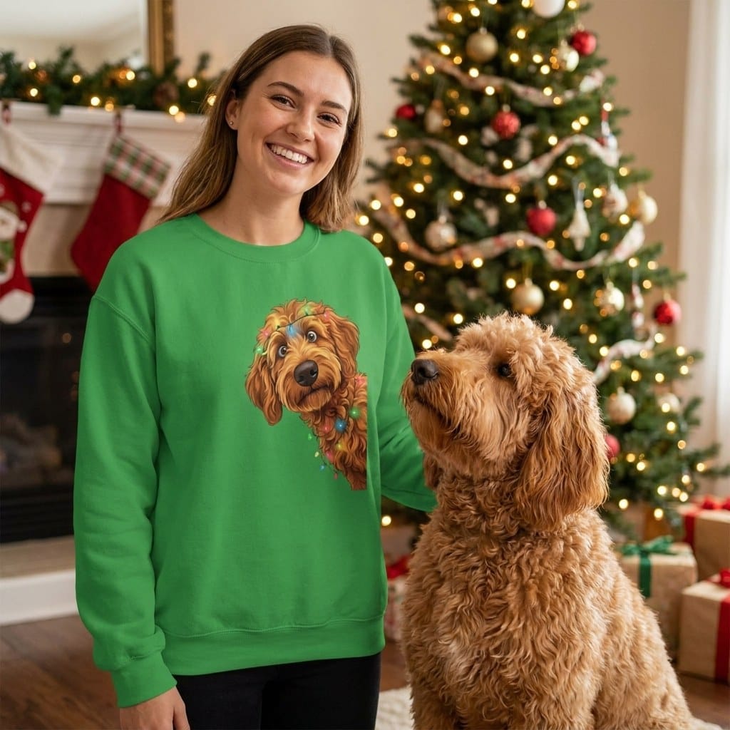 Peeking Apricot Goldendoodle Holiday Sweatshirt in by Puppy Jo