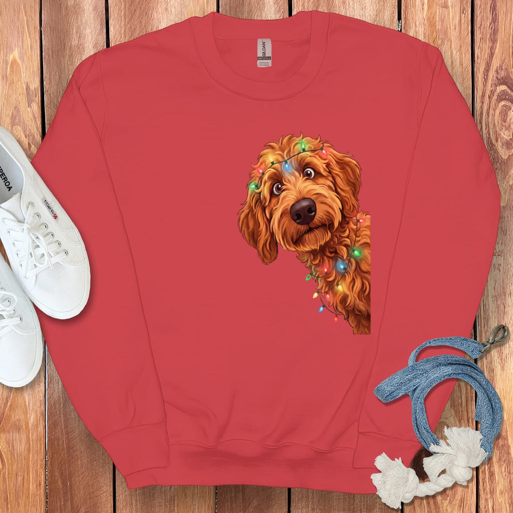 Peeking Apricot Goldendoodle Holiday Sweatshirt in Red / M by Puppy Jo