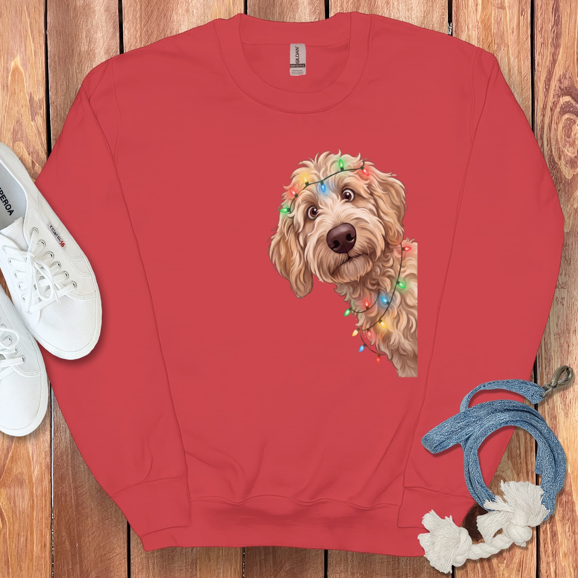Peeking Apricot Goldendoodle Holiday Sweatshirt in Red / M by Puppy Jo