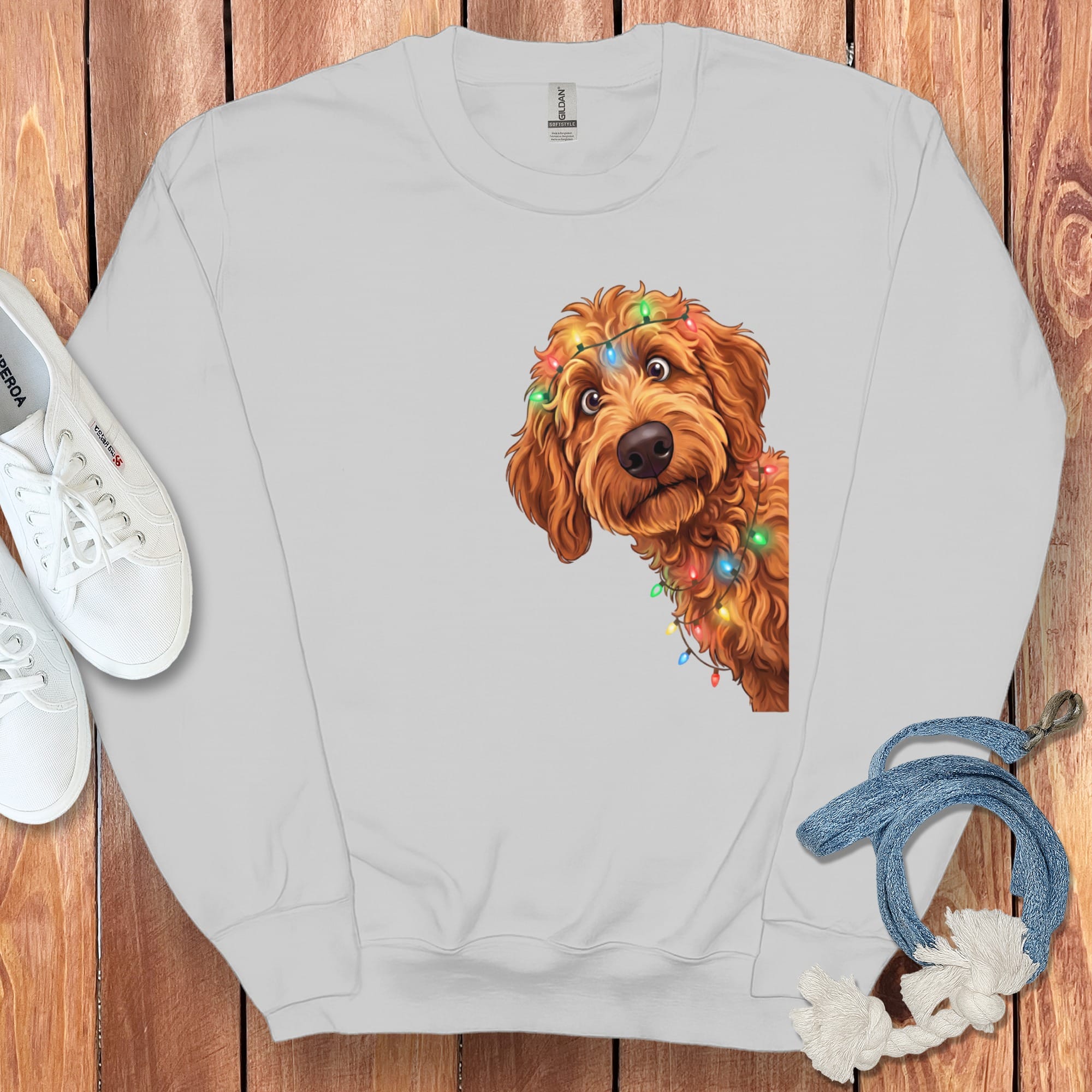 Peeking Apricot Goldendoodle Holiday Sweatshirt in Sport Grey / M by Puppy Jo