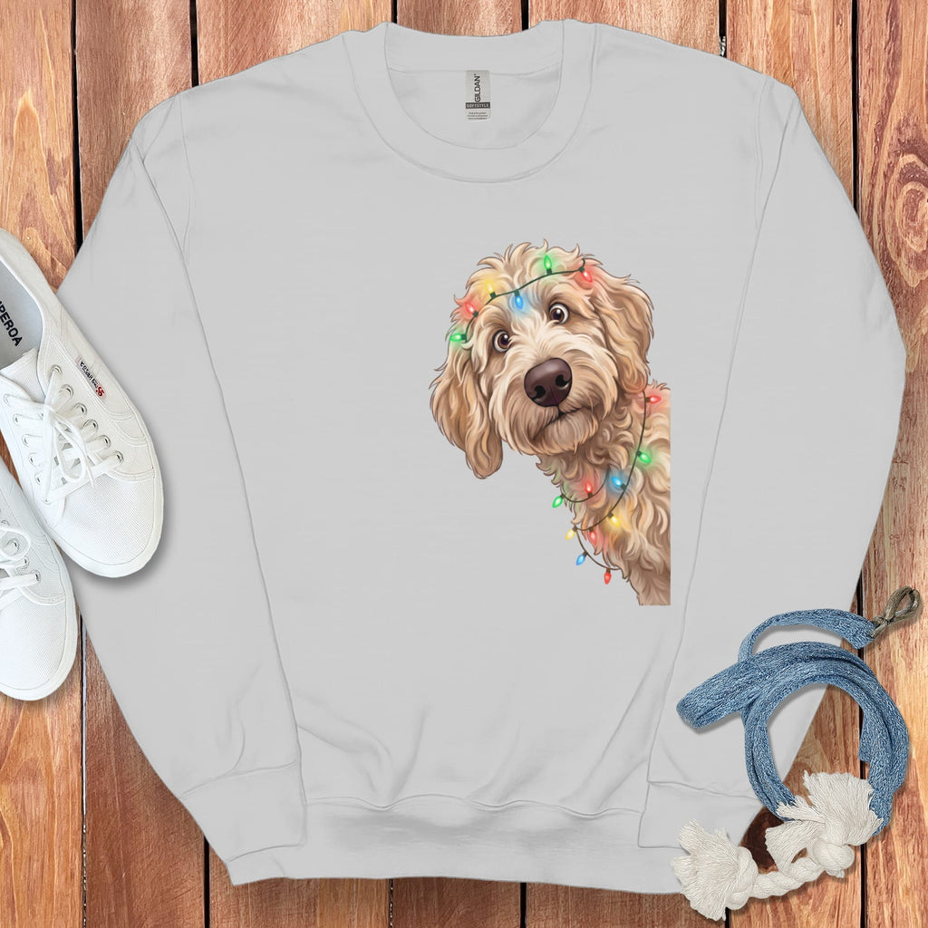 Peeking Apricot Goldendoodle Holiday Sweatshirt in Sport Grey / M by Puppy Jo