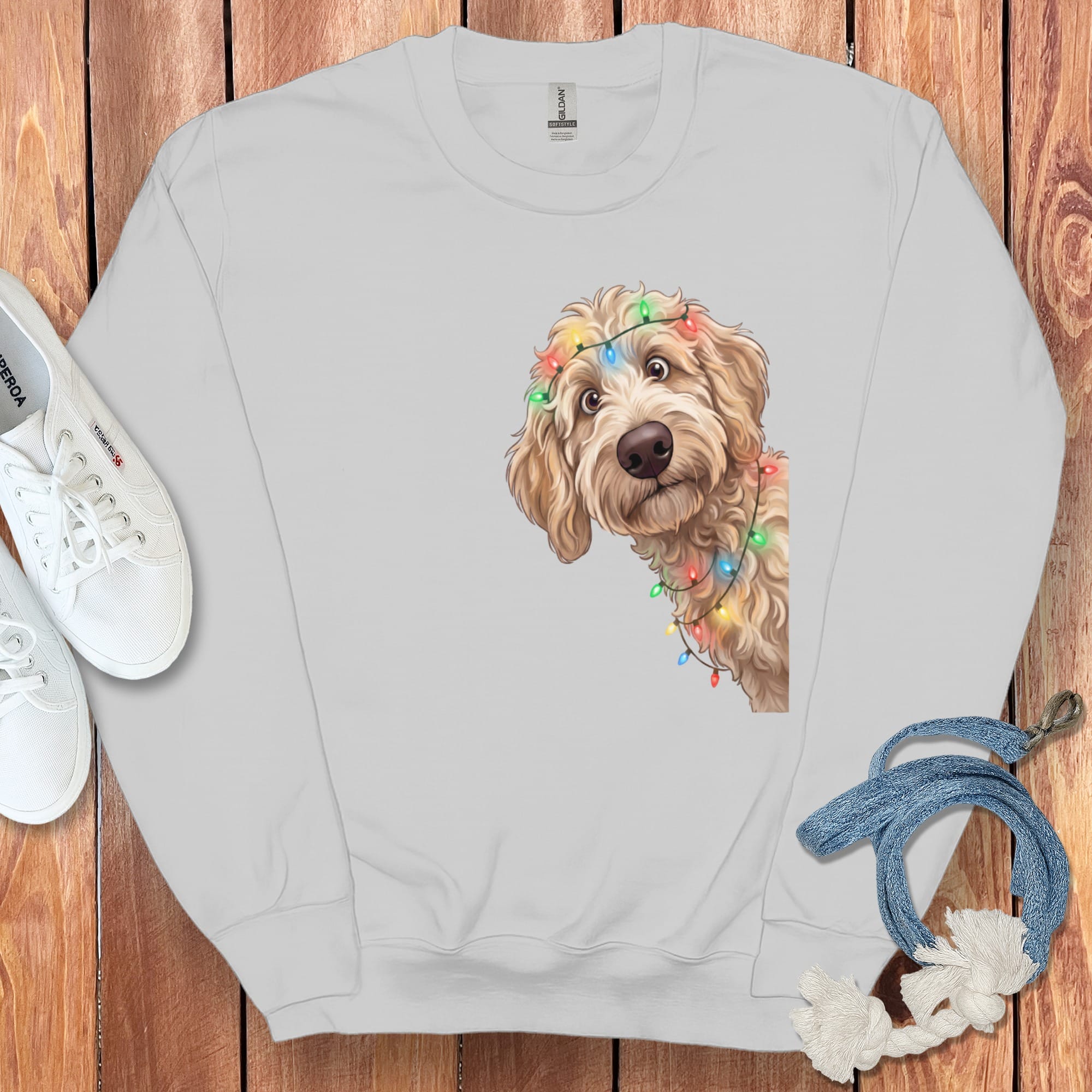 Peeking Apricot Goldendoodle Holiday Sweatshirt in Sport Grey / M by Puppy Jo