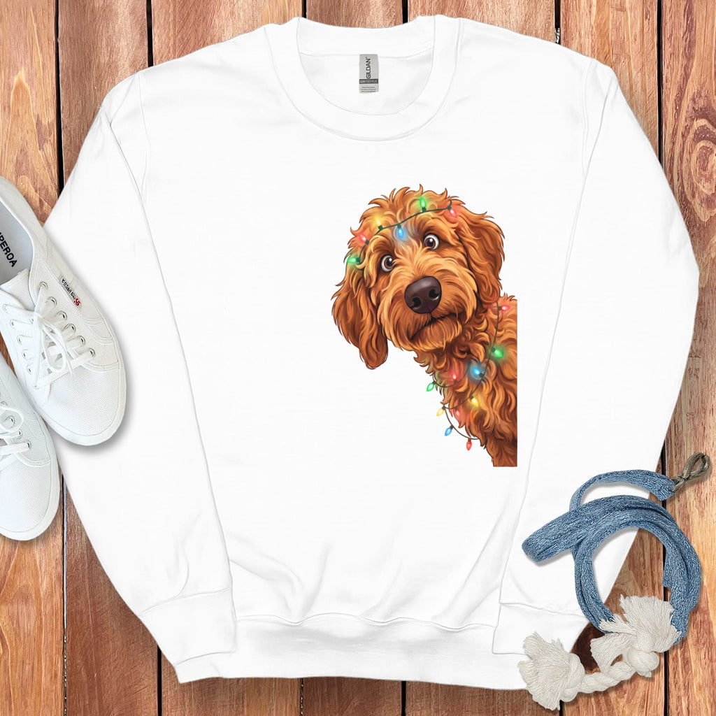 Peeking Apricot Goldendoodle Holiday Sweatshirt in White / M by Puppy Jo