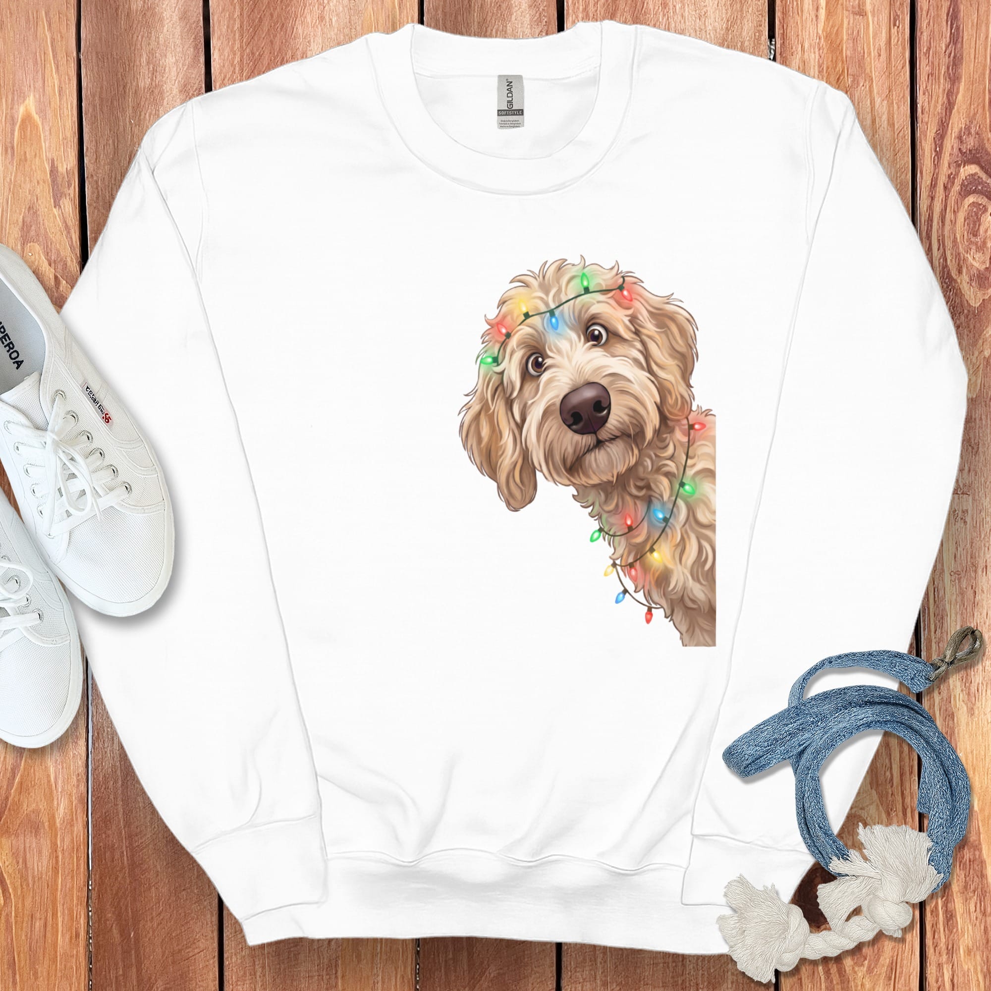 Peeking Apricot Goldendoodle Holiday Sweatshirt in White / M by Puppy Jo
