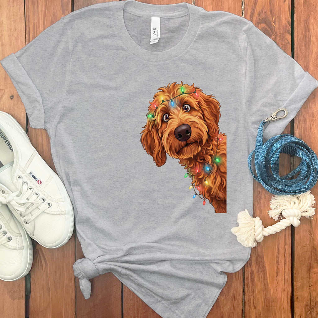 Peeking Apricot Goldendoodle Holiday T-Shirt in Athletic Heather / M / T-Shirts by Puppy Jo
