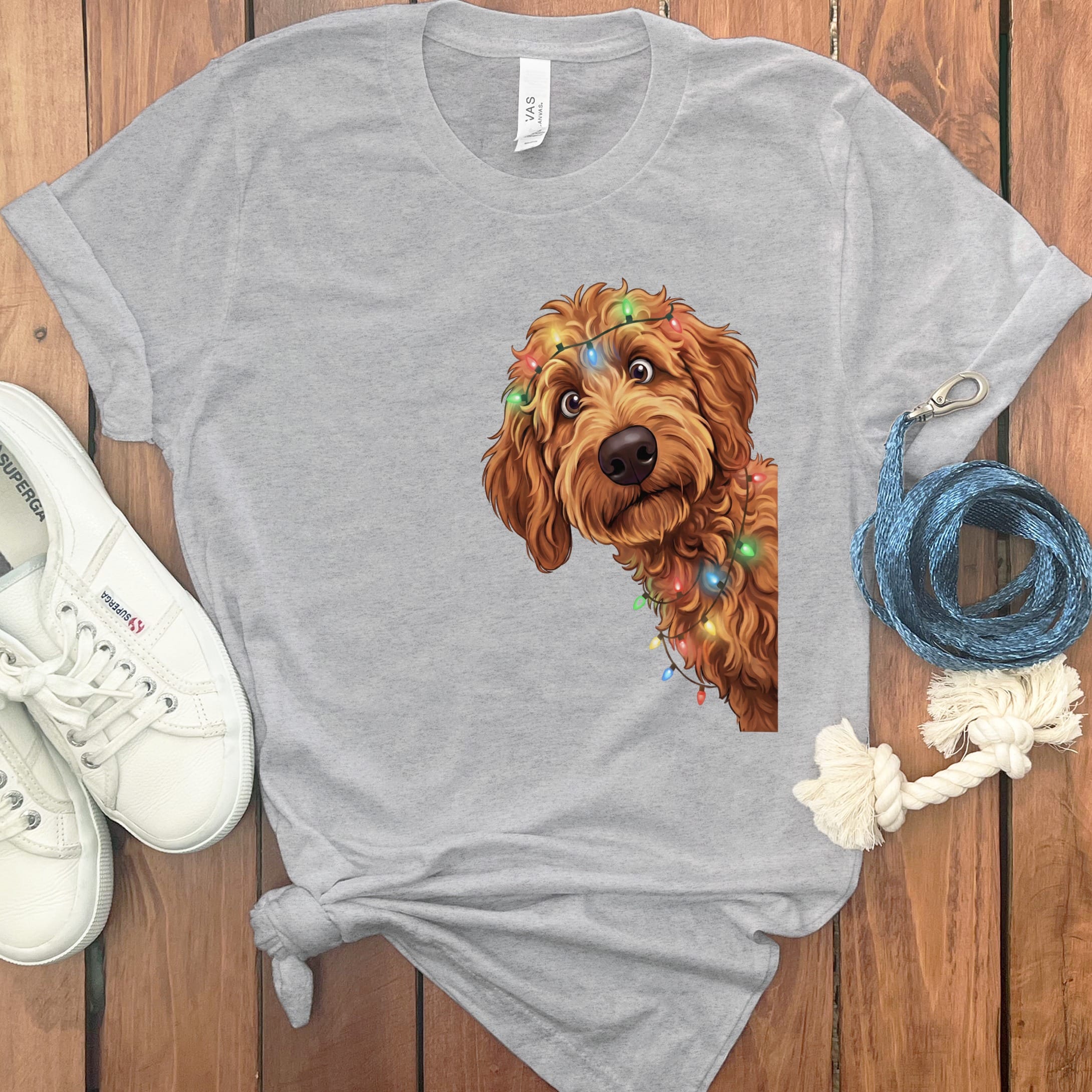 Peeking Apricot Goldendoodle Holiday T-Shirt in Athletic Heather / M / T-Shirts by Puppy Jo