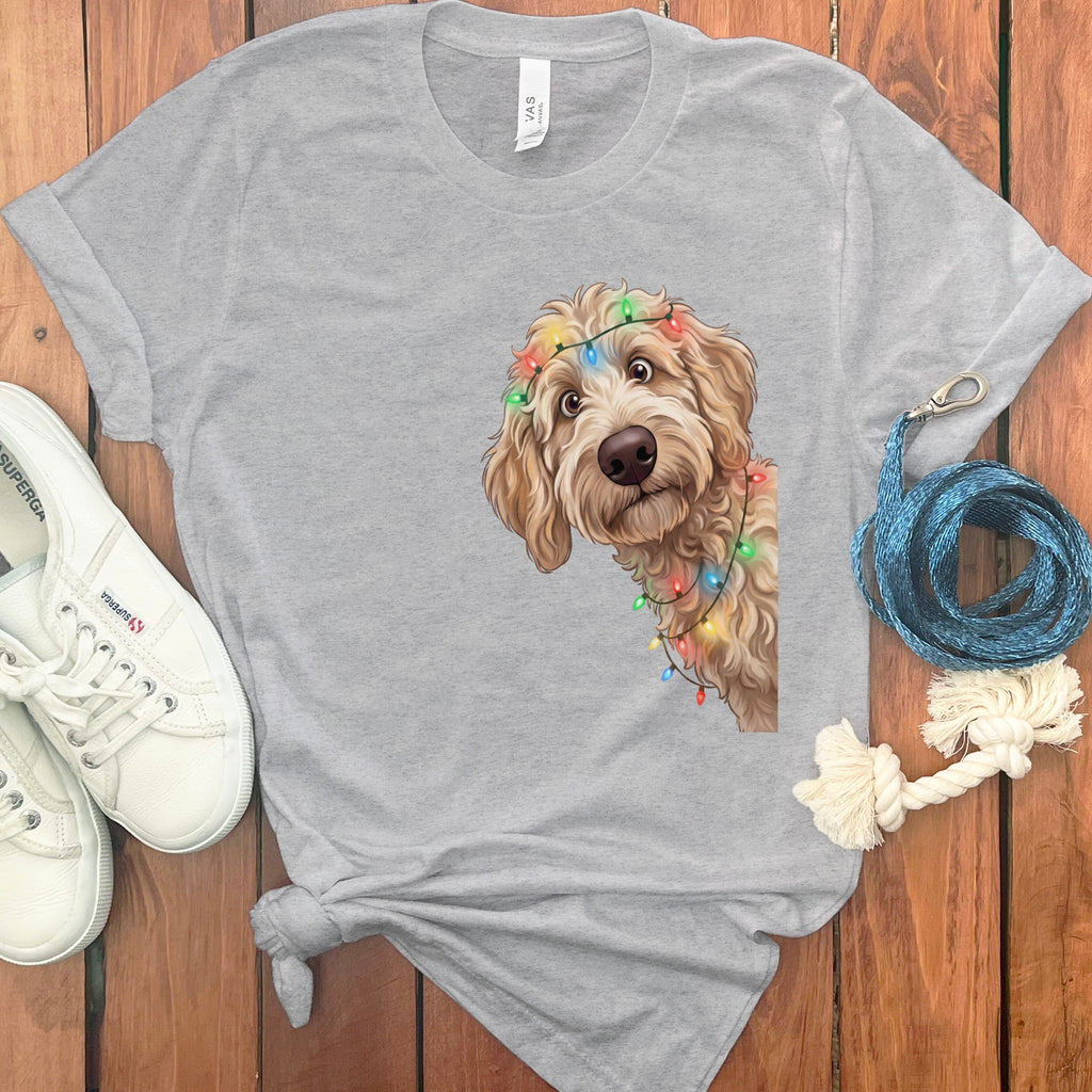 Peeking Apricot Goldendoodle Holiday T-Shirt in Athletic Heather / M / T-Shirts by Puppy Jo