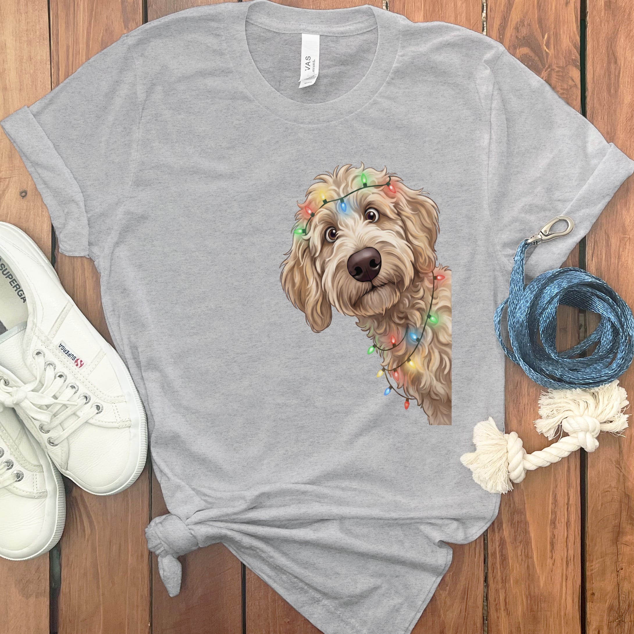 Peeking Apricot Goldendoodle Holiday T-Shirt in Athletic Heather / M / T-Shirts by Puppy Jo