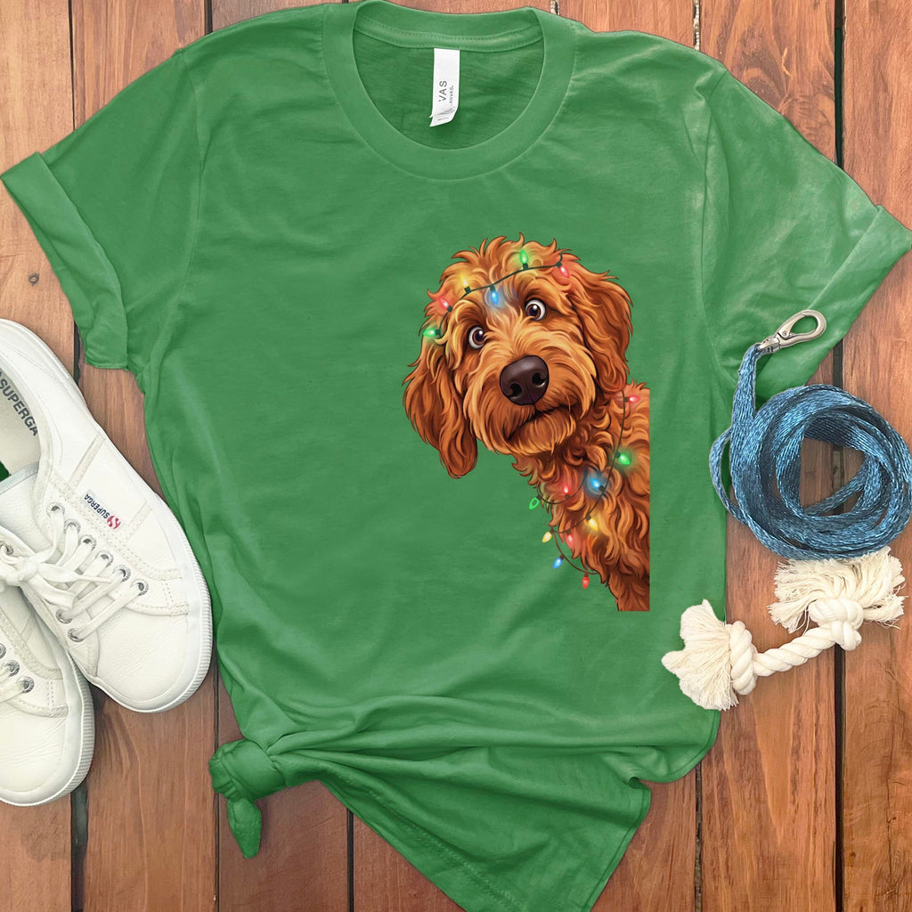 Peeking Apricot Goldendoodle Holiday T-Shirt in Leaf / M / T-Shirts by Puppy Jo