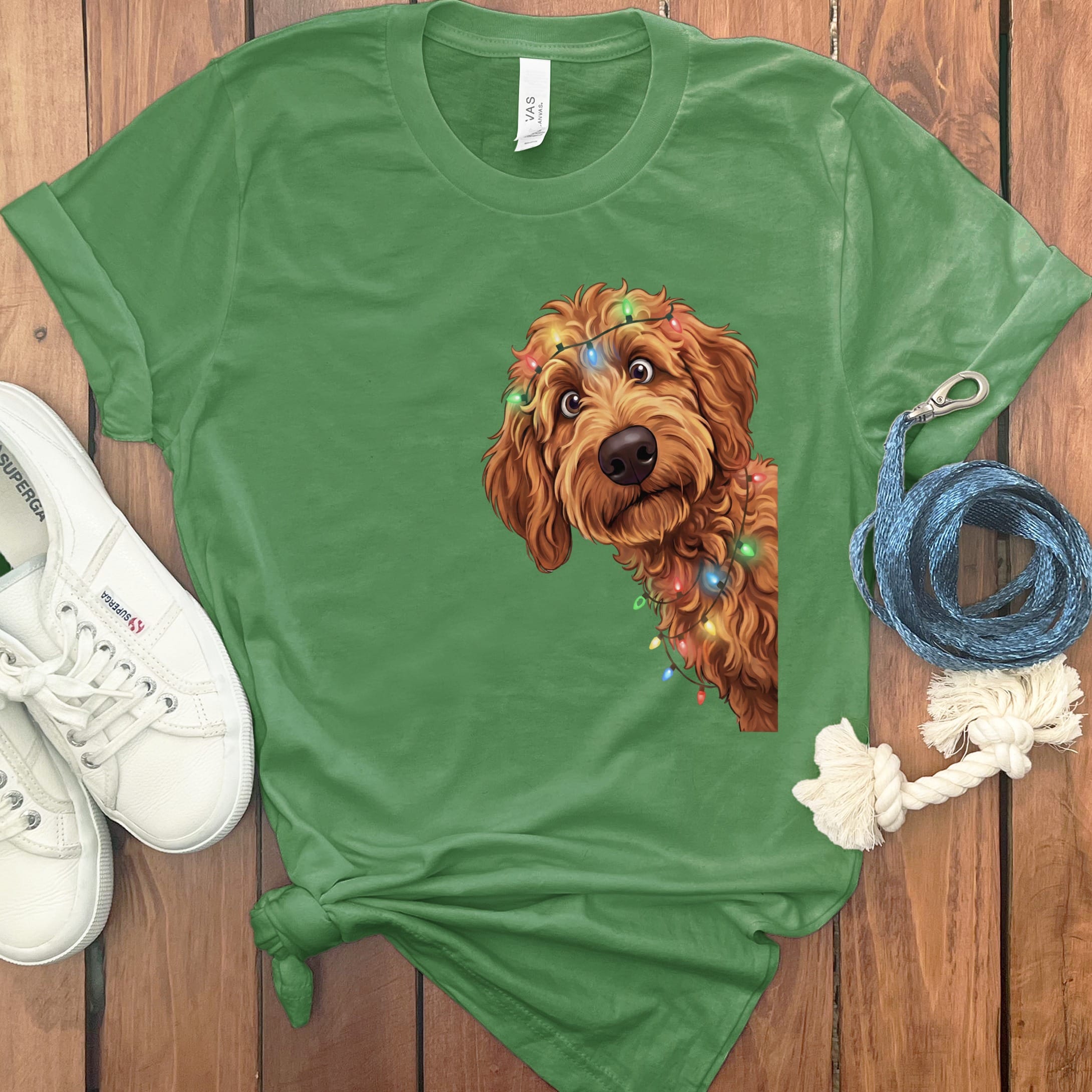Peeking Apricot Goldendoodle Holiday T-Shirt in Leaf / M / T-Shirts by Puppy Jo