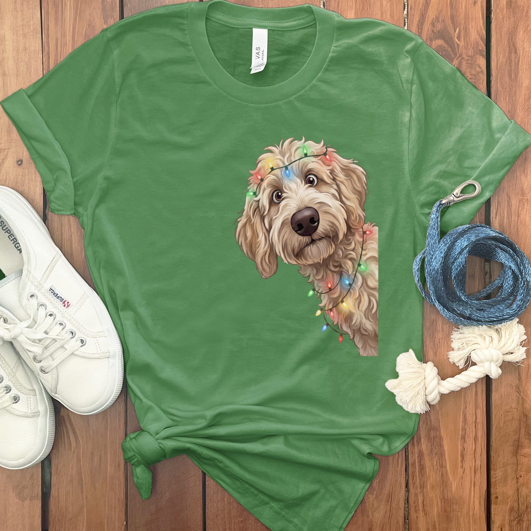 Peeking Apricot Goldendoodle Holiday T-Shirt in Leaf / M / T-Shirts by Puppy Jo