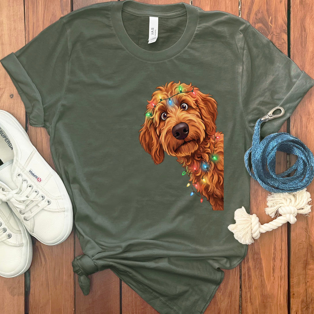 Peeking Apricot Goldendoodle Holiday T-Shirt in Military Green / M / T-Shirts by Puppy Jo