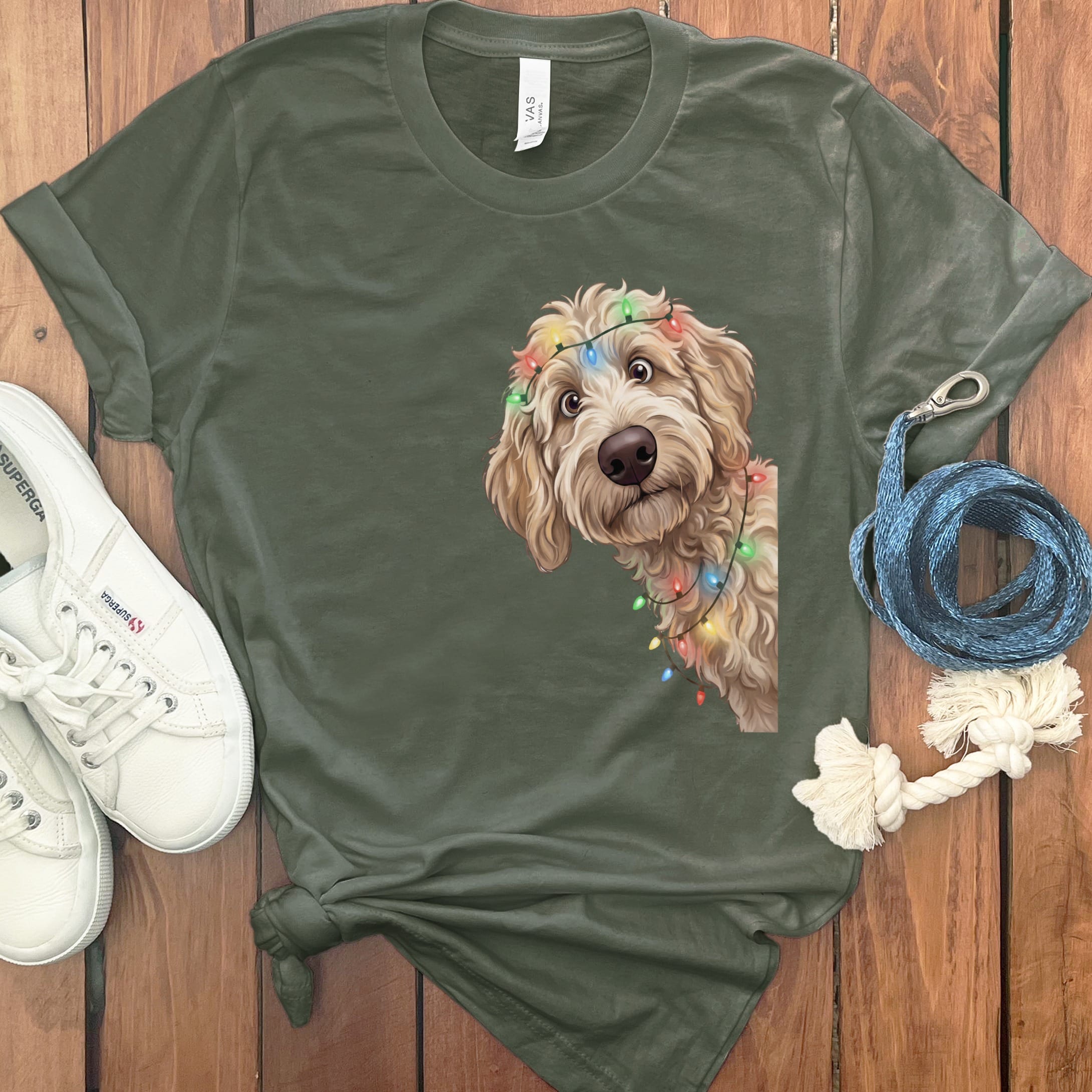 Peeking Apricot Goldendoodle Holiday T-Shirt in Military Green / M / T-Shirts by Puppy Jo
