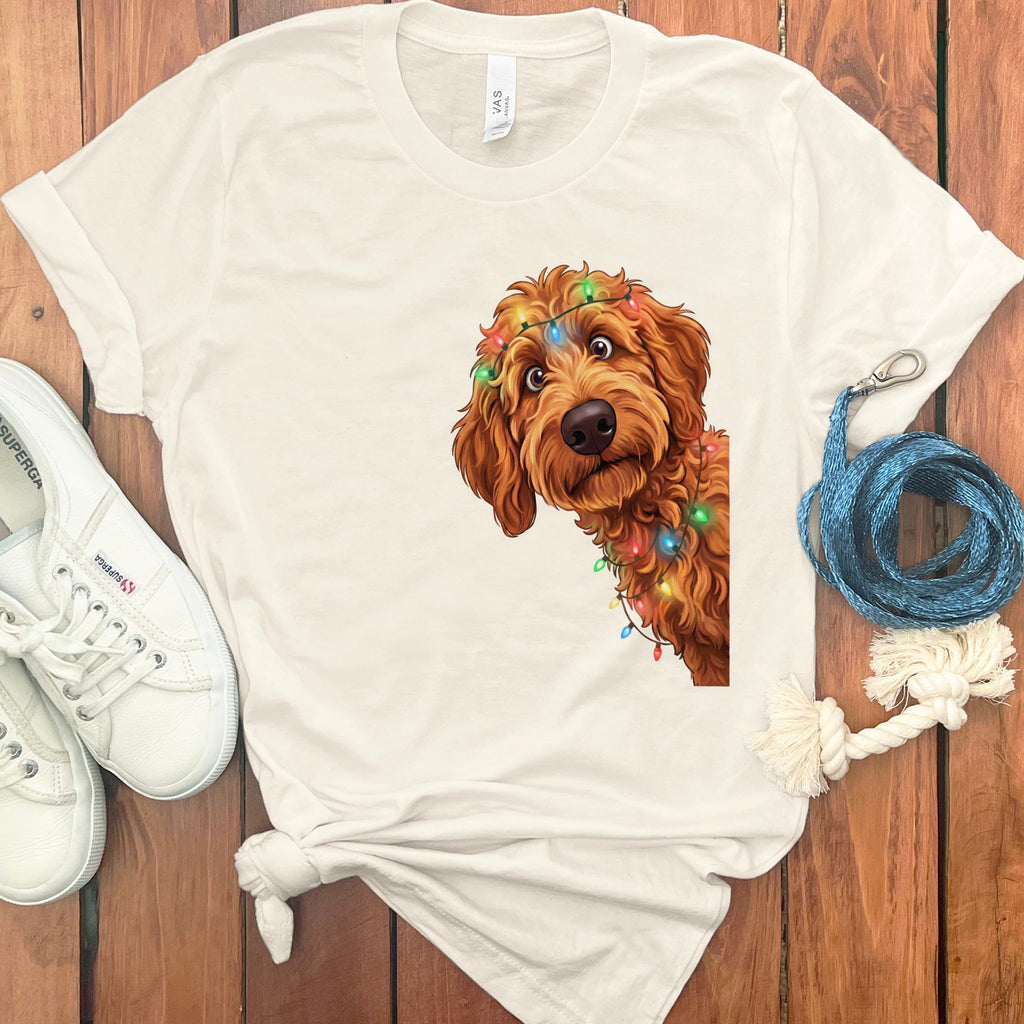 Peeking Apricot Goldendoodle Holiday T-Shirt in Natural / M / T-Shirts by Puppy Jo