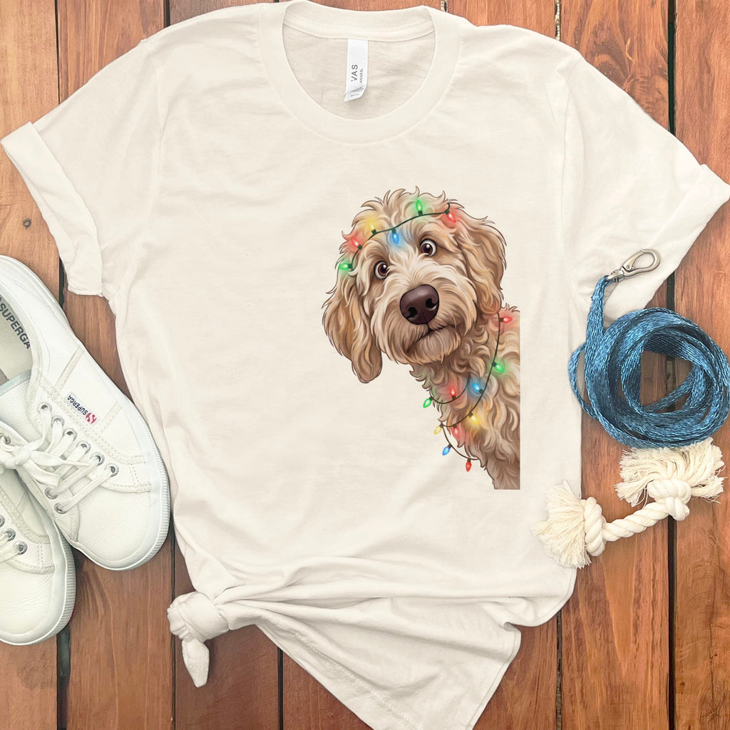 Peeking Apricot Goldendoodle Holiday T-Shirt in Natural / M / T-Shirts by Puppy Jo
