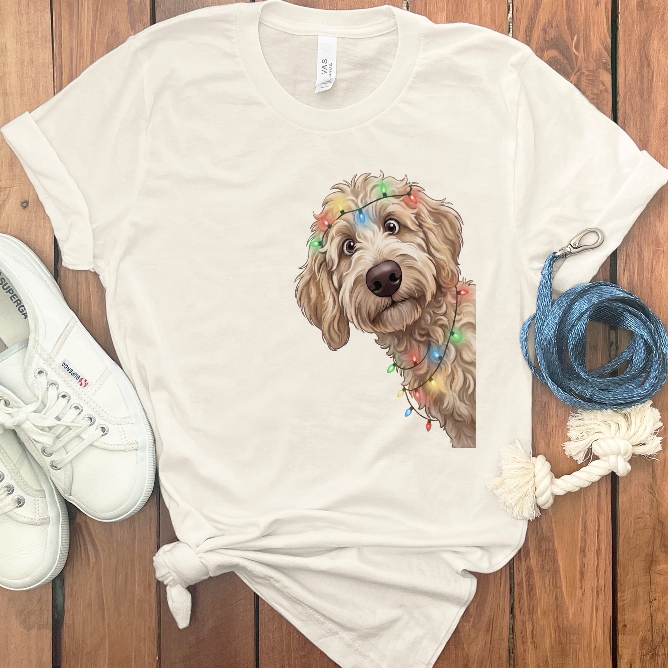 Peeking Apricot Goldendoodle Holiday T-Shirt in Natural / M / T-Shirts by Puppy Jo