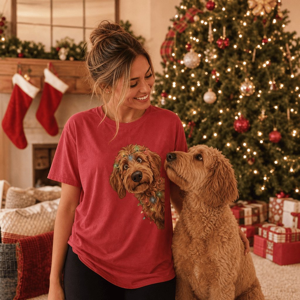Peeking Apricot Goldendoodle Holiday T-Shirt in by Puppy Jo